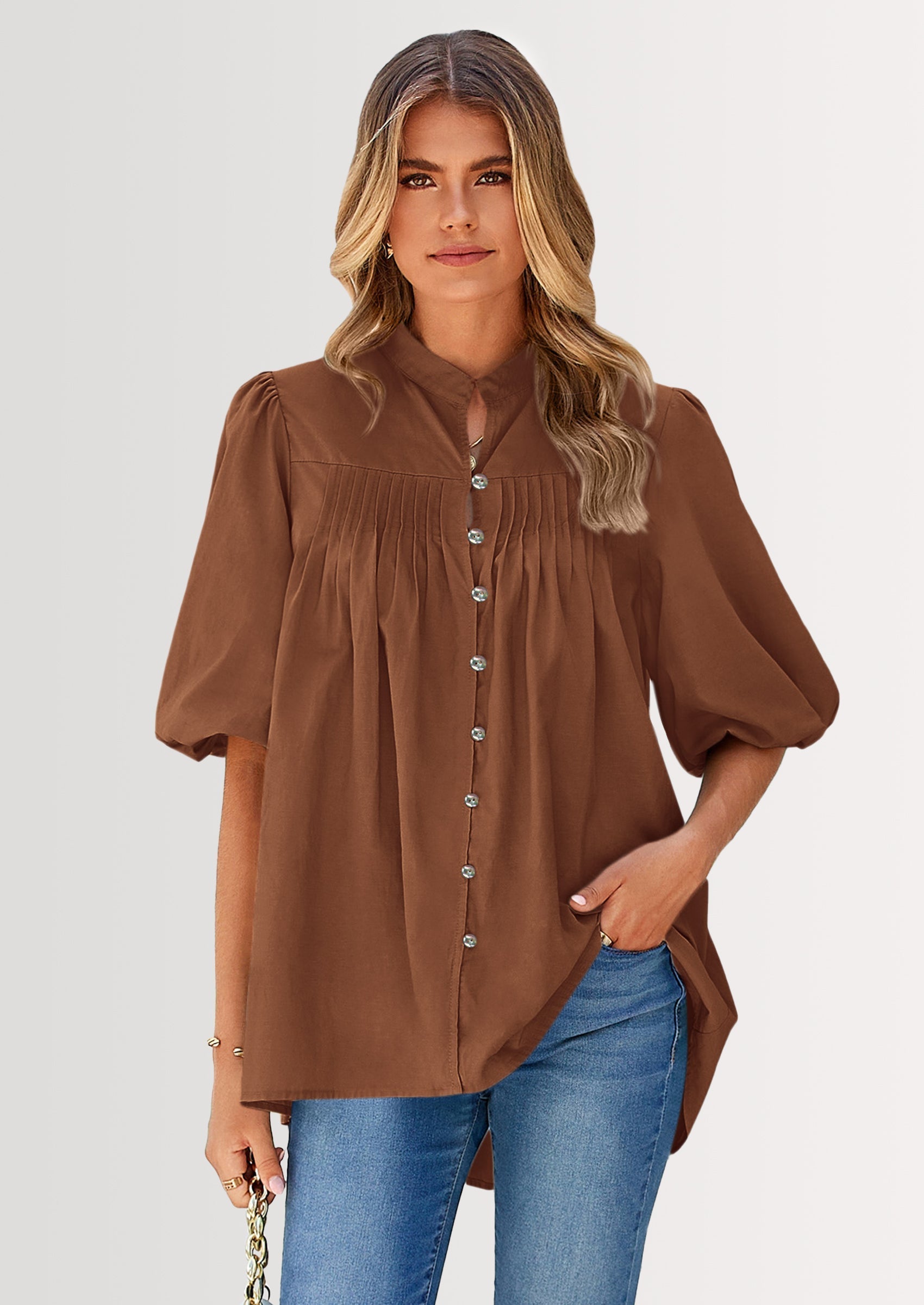 Women's Summer Short Lantern Sleeve Tops Loose Fit Button Down Shirt Casual Pleated V Neck Blouses