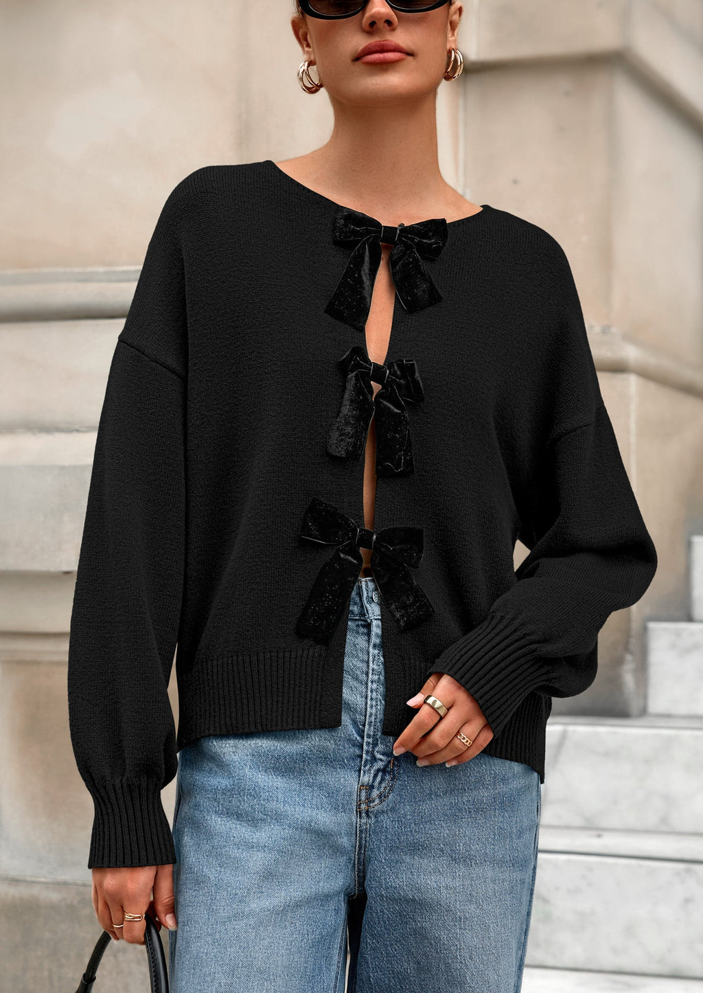 Cardigan Sweaters for Women Fall Bow Tie Front Long Sleeve Knit Sweater Tops Cute Going Out Outfits