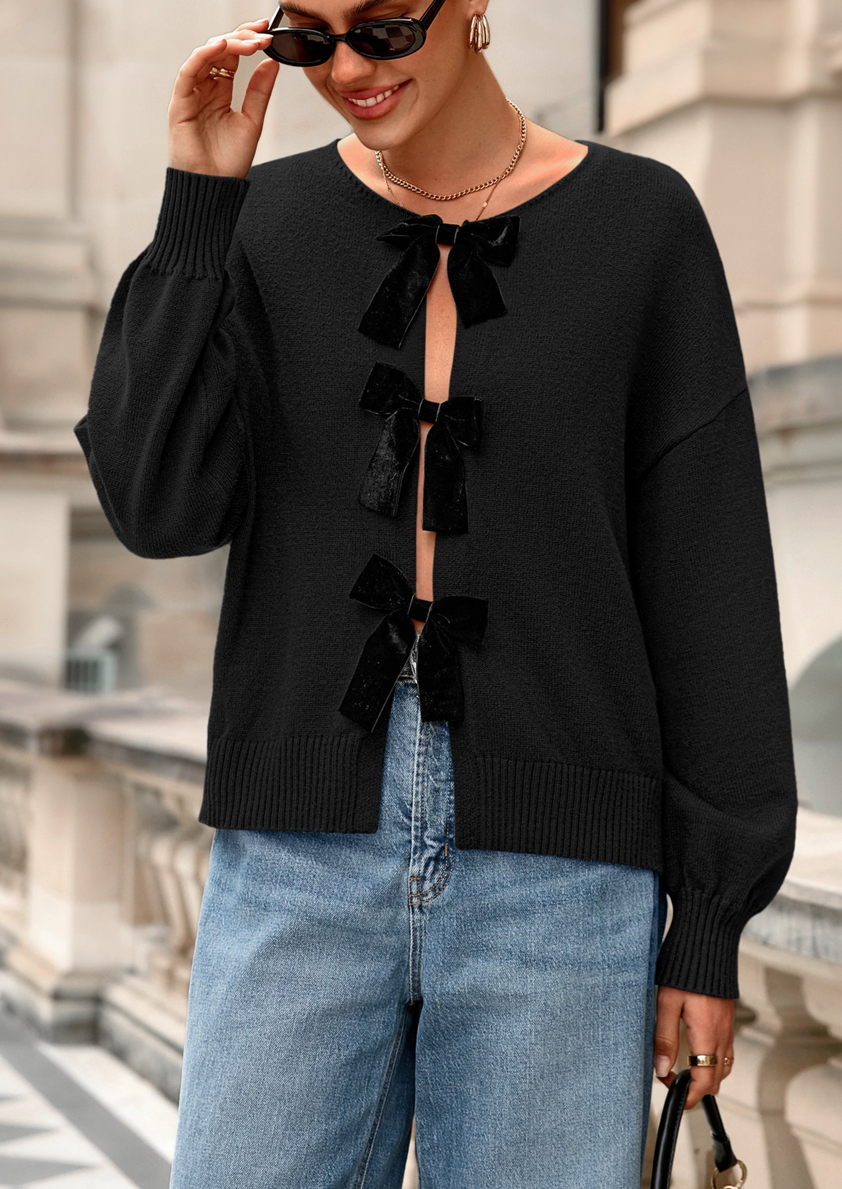 Cardigan Sweaters for Women Fall Bow Tie Front Long Sleeve Knit Sweater Tops Cute Going Out Outfits