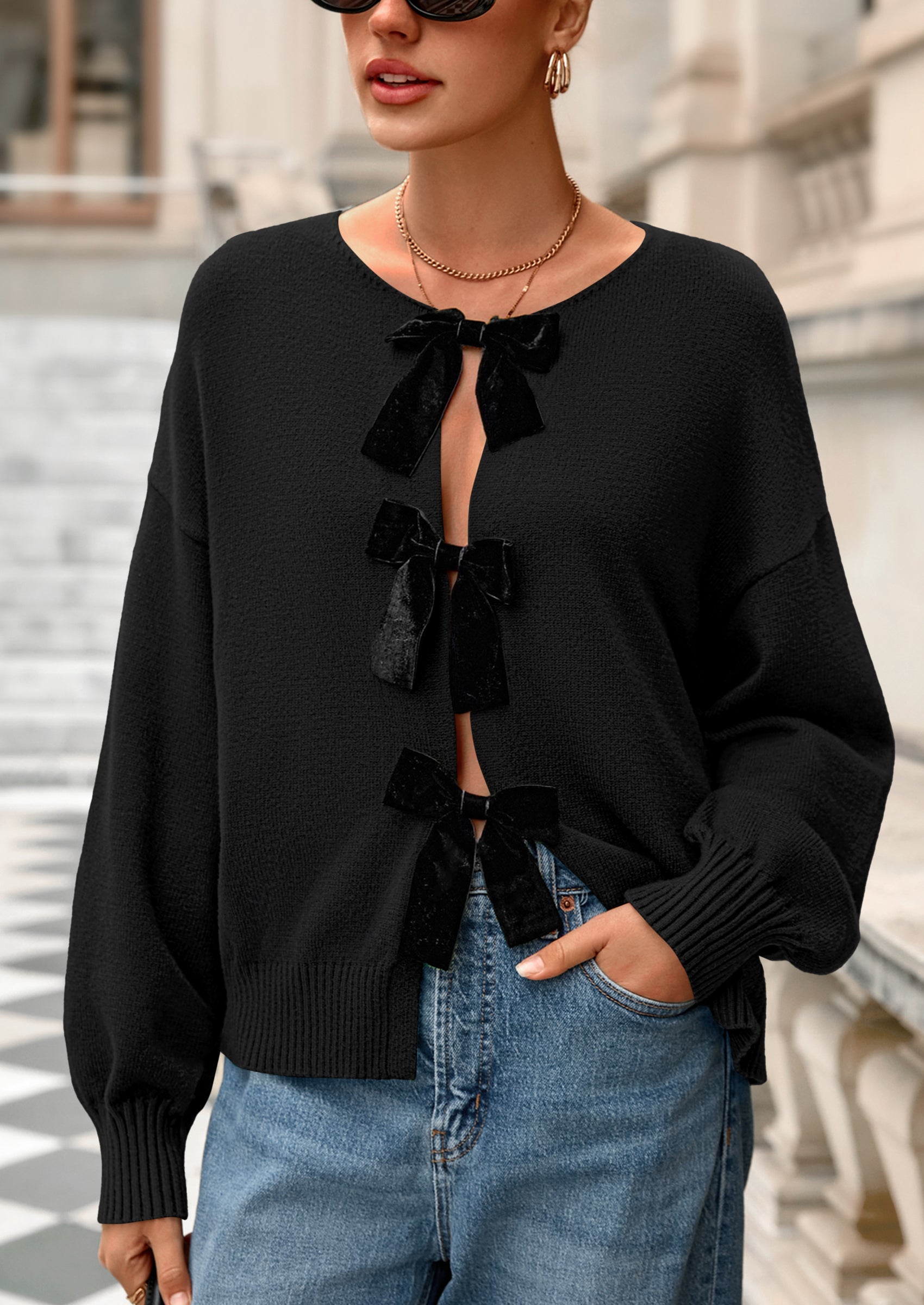 Cardigan Sweaters for Women Fall Bow Tie Front Long Sleeve Knit Sweater Tops Cute Going Out Outfits