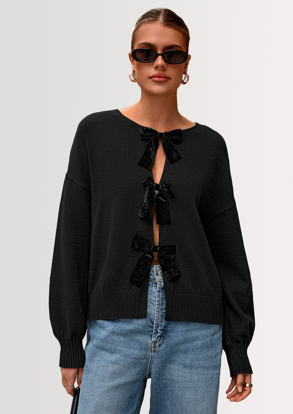 Cardigan Sweaters for Women Fall Bow Tie Front Long Sleeve Knit Sweater Tops Cute Going Out Outfits