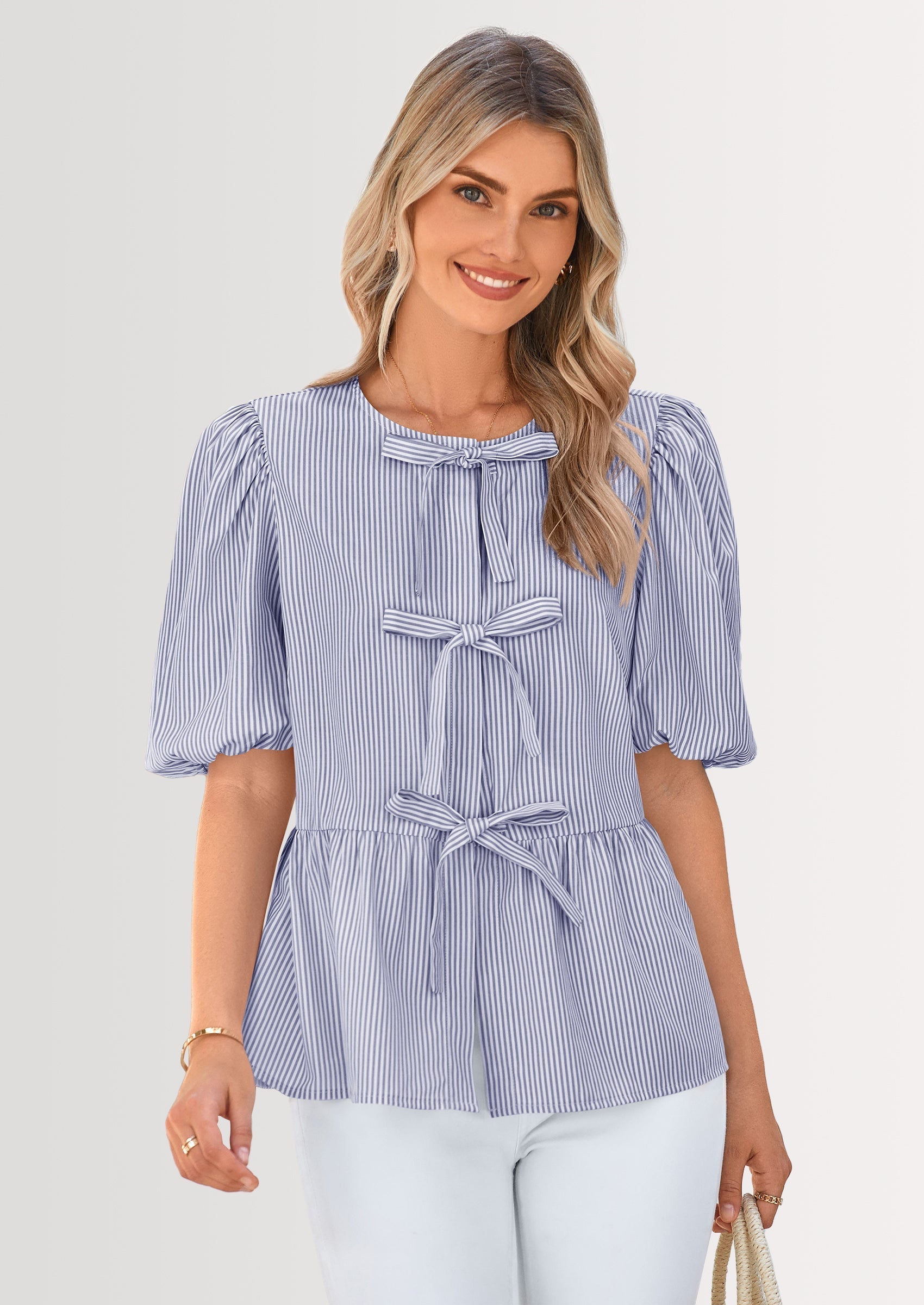 Women's Tie Front Striped Shirt Summer Trendy Fashion Cute Babydoll Tops Peplum Puffy Sleeve Blouse