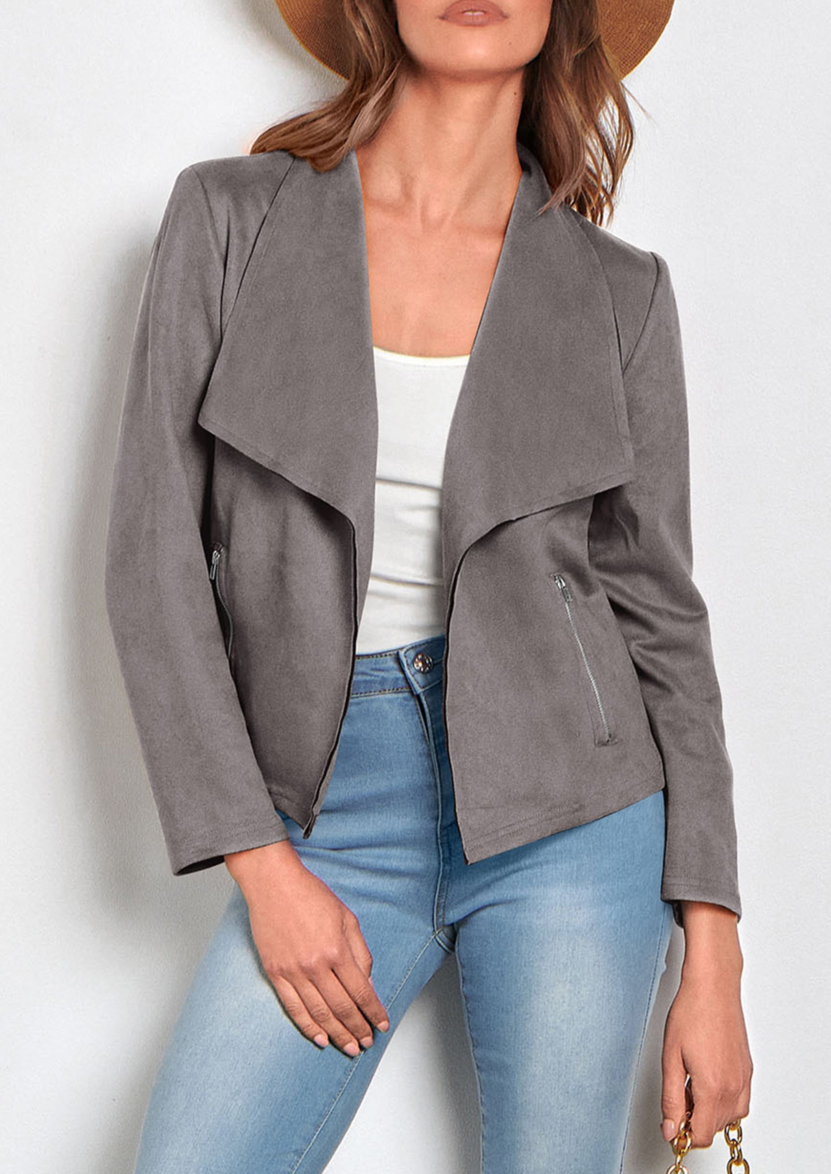 Women's Faux Suede Jackets Fashion Fall Clothes Long Sleeve Open Front Cropped Coat Outwear