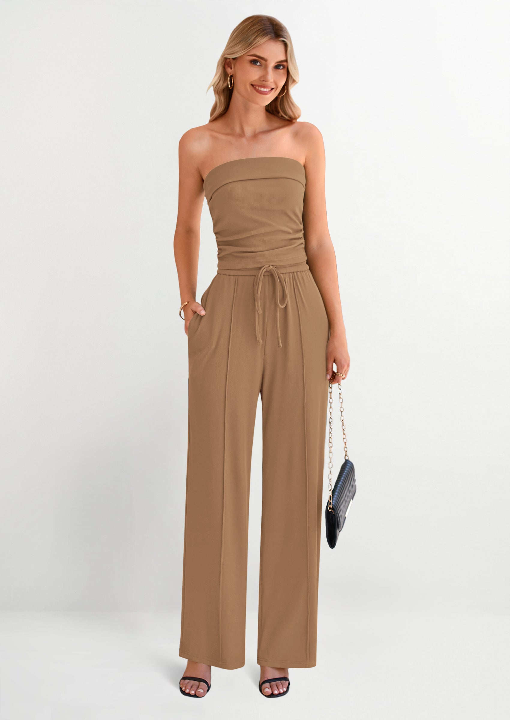 2 Piece Sets Casual Ribbed Knit Crop Tube Top Wide Leg Pants Lounge Set