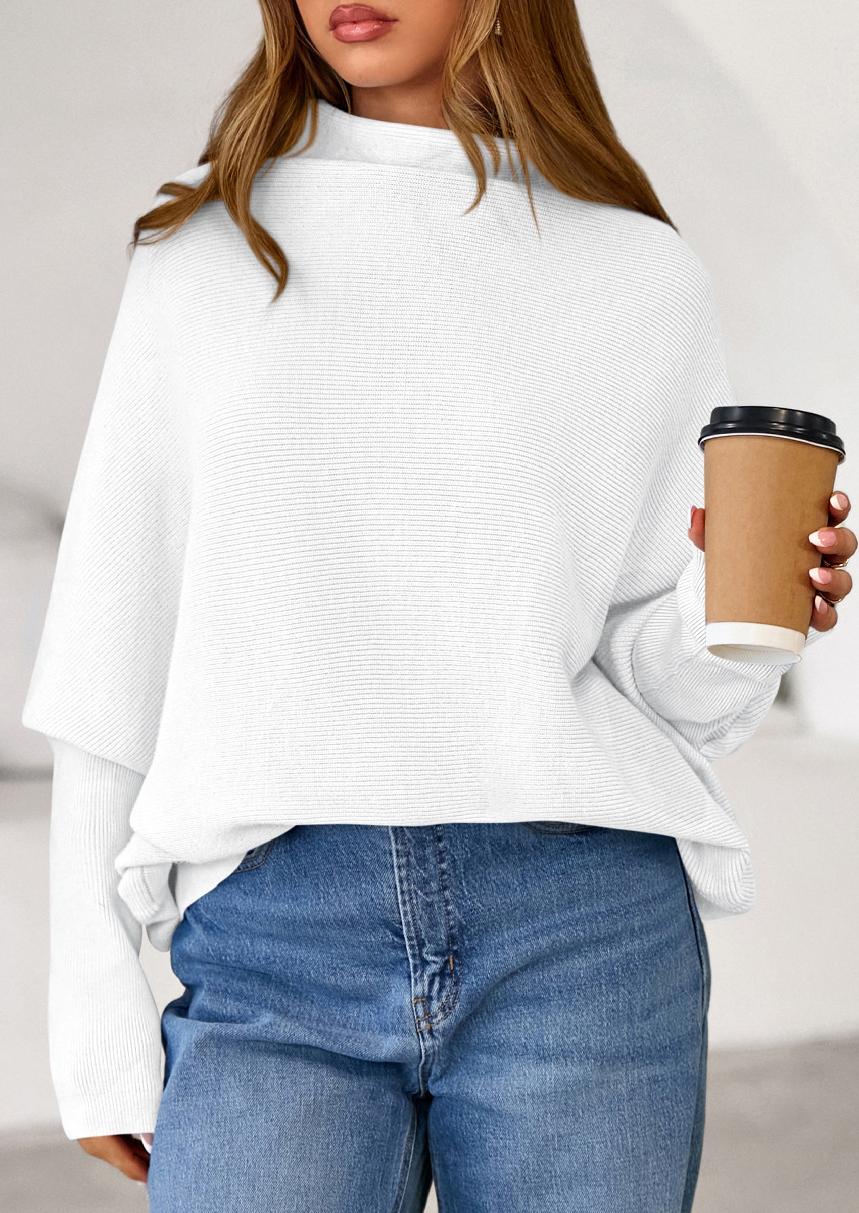 Womens Sweaters Fall Fashion Casual Loose Turtleneck Batwing Long Sleeve Knit Sweater Pullover Tops