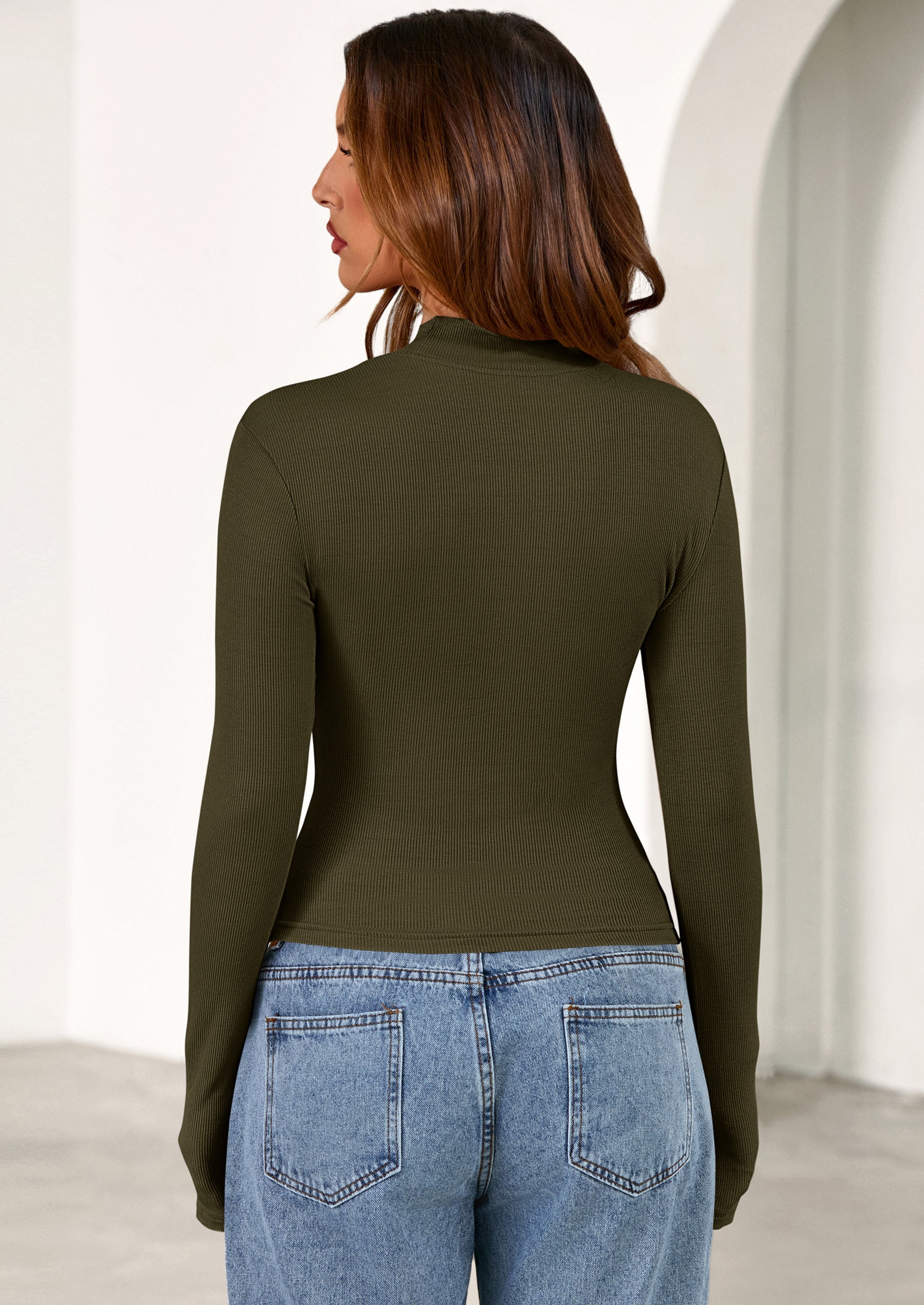 Women's Turtleneck Long Sleeve Shirts Fall Basic Tees Ribbed Fitted Tops Thermal Layering Knit Top Clothes