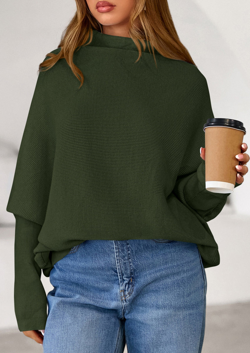 Womens Sweaters Fall Fashion Casual Loose Turtleneck Batwing Long Sleeve Knit Sweater Pullover Tops