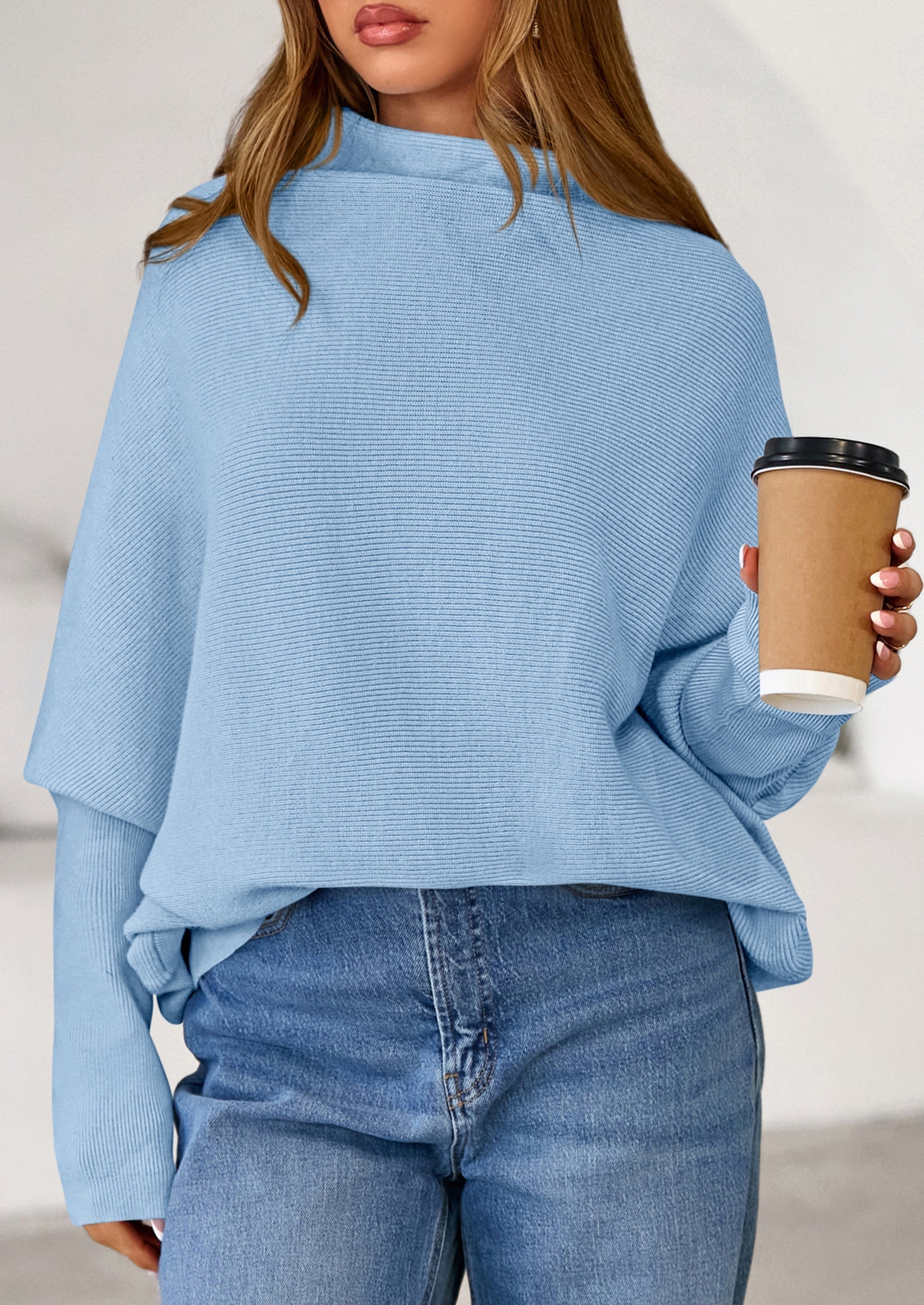 Womens Sweaters Fall Fashion Casual Loose Turtleneck Batwing Long Sleeve Knit Sweater Pullover Tops