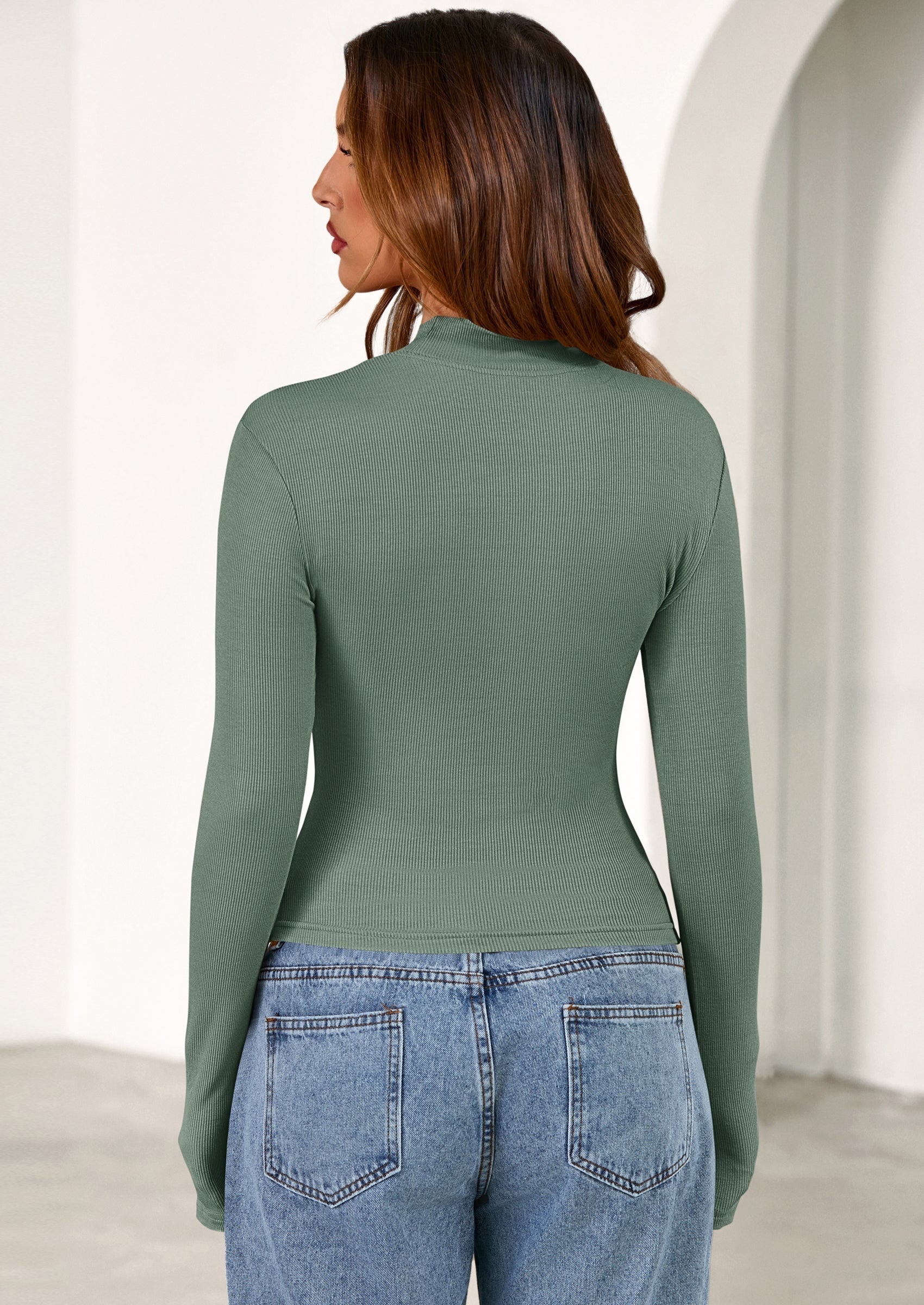 Women's Turtleneck Long Sleeve Shirts Fall Basic Tees Ribbed Fitted Tops Thermal Layering Knit Top Clothes