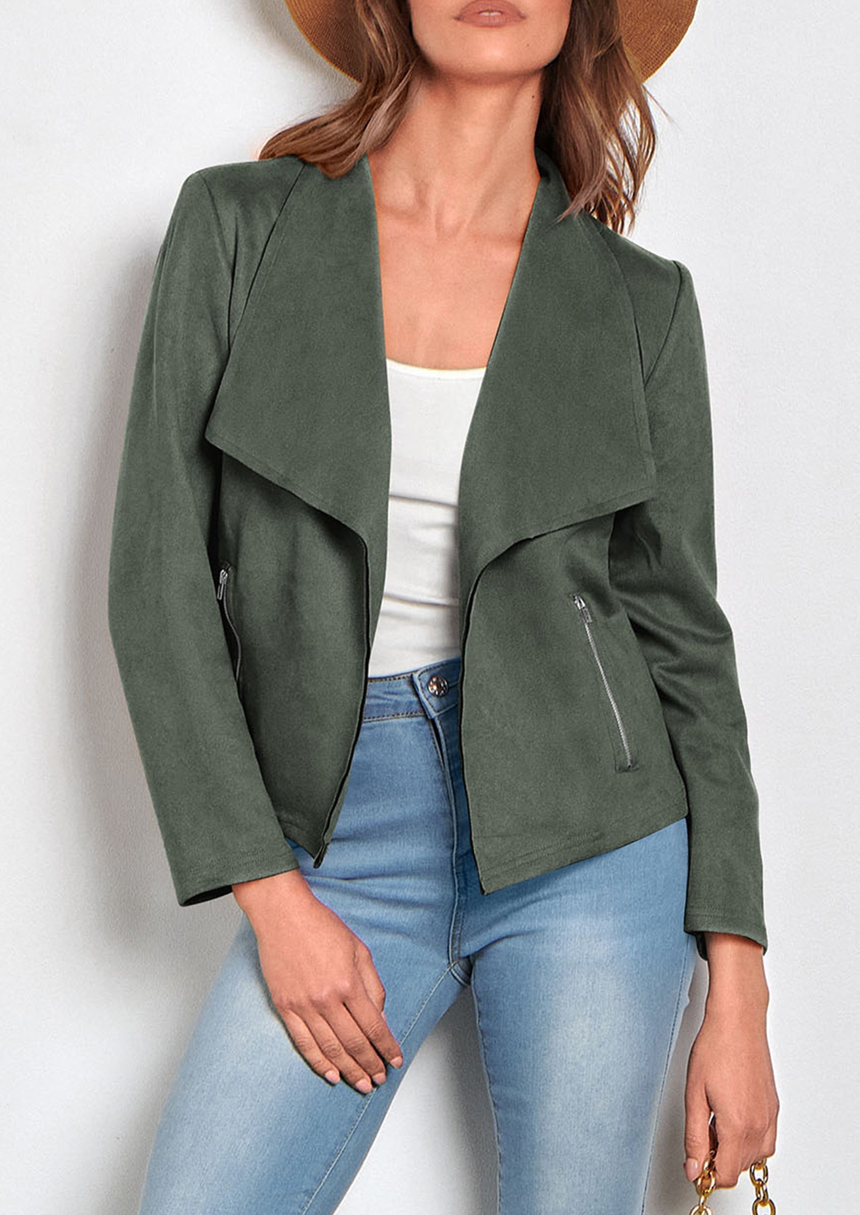 Women's Faux Suede Jackets Fashion Fall Clothes Long Sleeve Open Front Cropped Coat Outwear