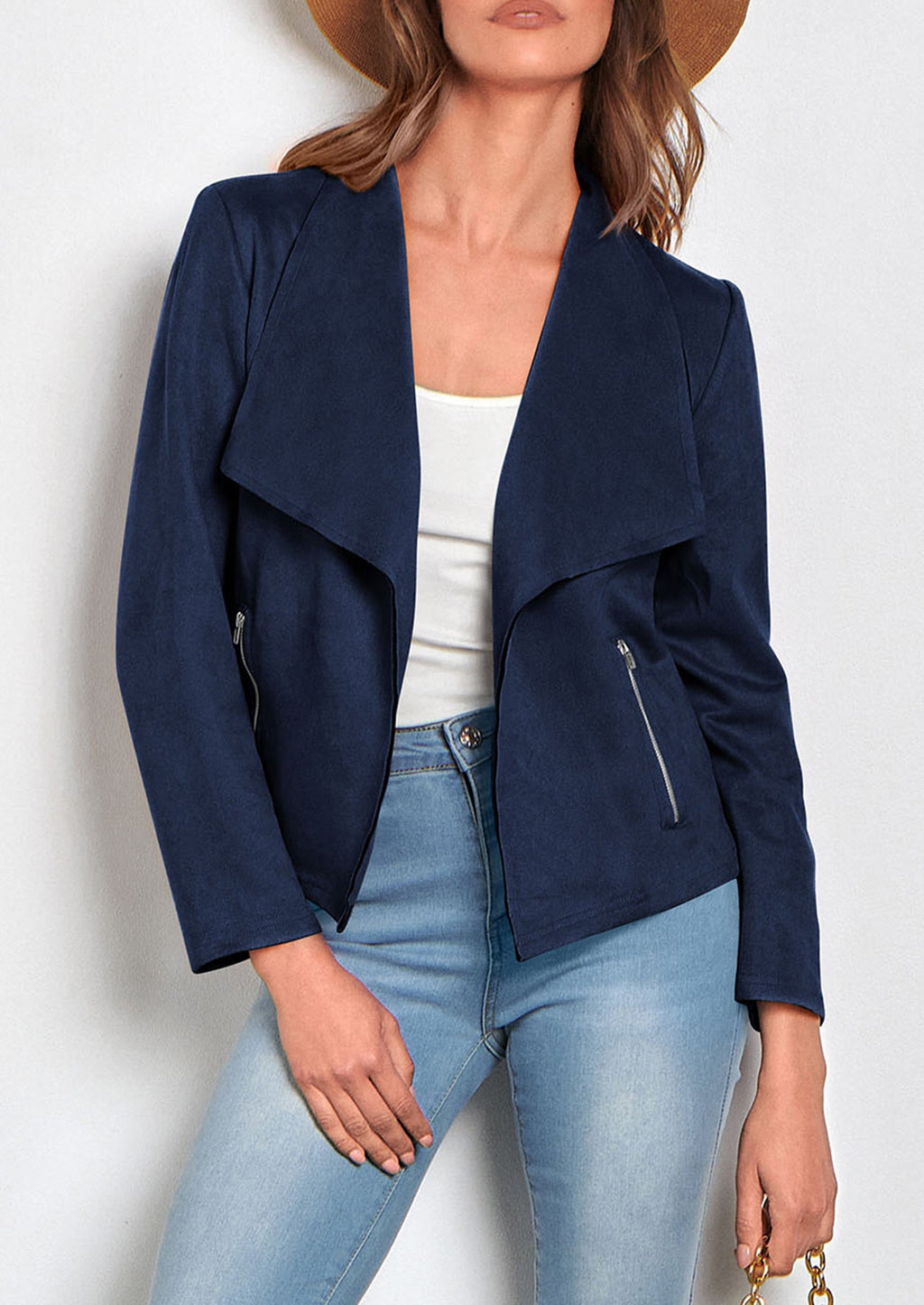 Women's Faux Suede Jackets Fashion Fall Clothes Long Sleeve Open Front Cropped Coat Outwear