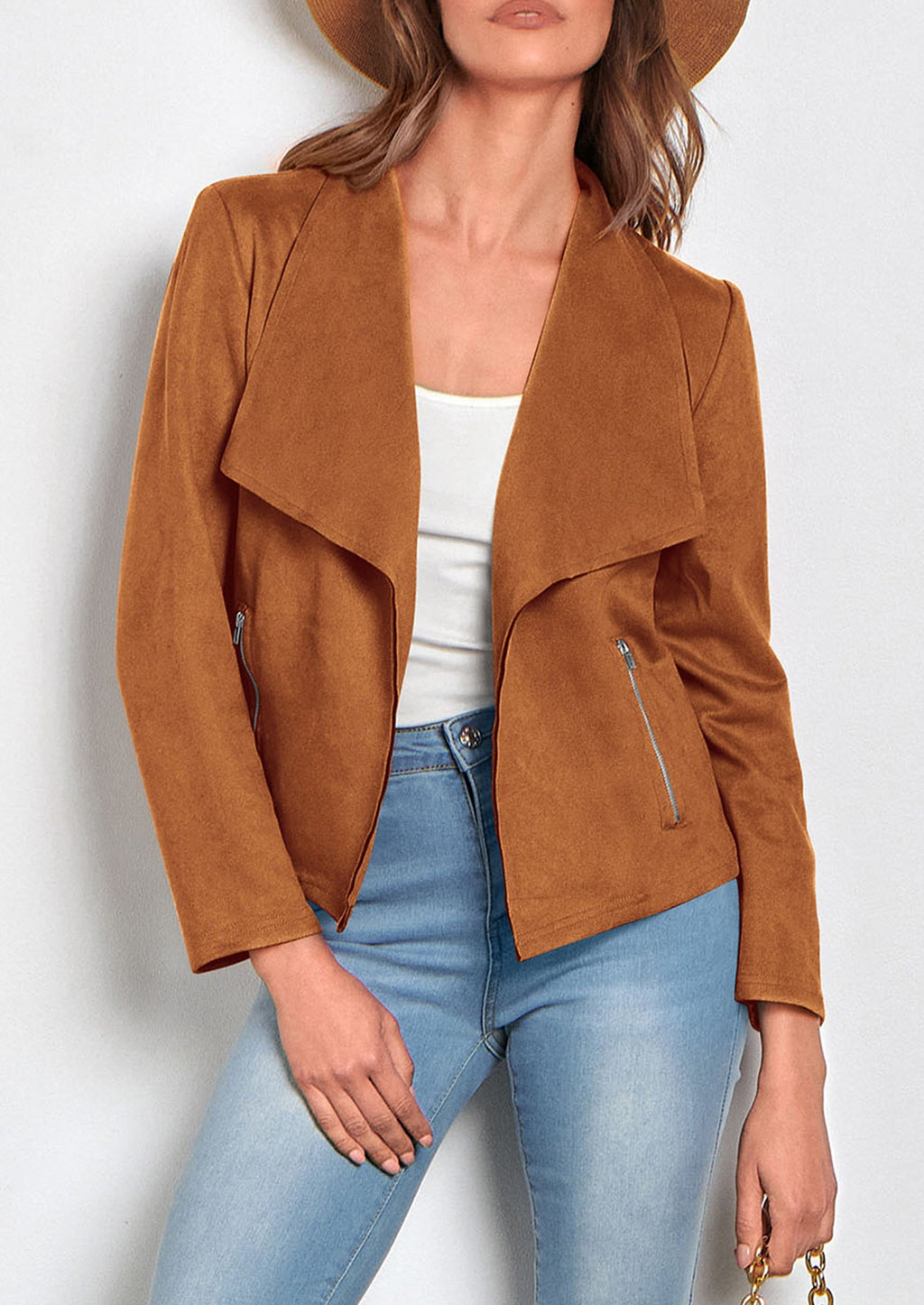 Women's Faux Suede Jackets Fashion Fall Clothes Long Sleeve Open Front Cropped Coat Outwear