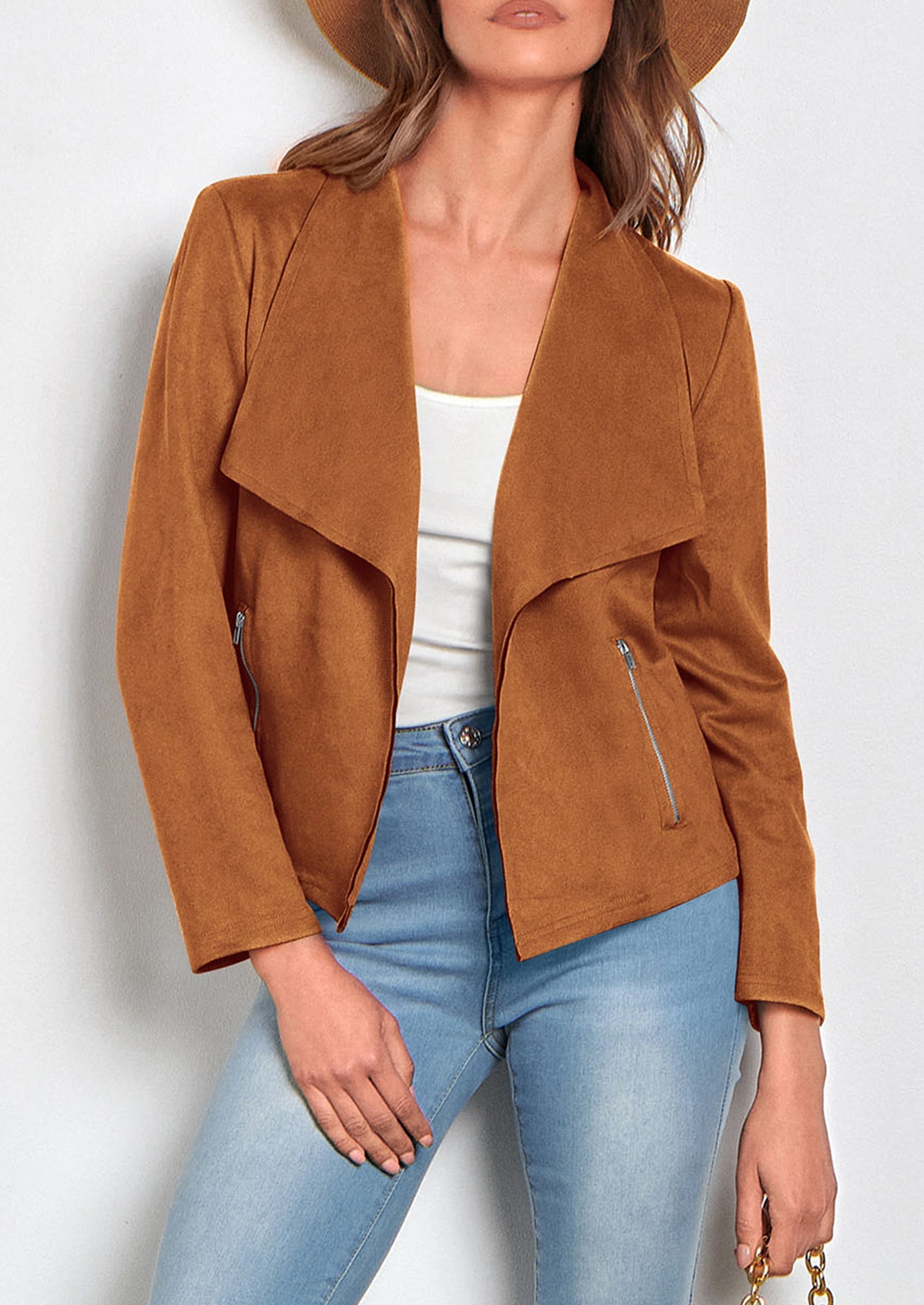 Women's Faux Suede Jackets Fashion Fall Clothes Long Sleeve Open Front Cropped Coat Outwear