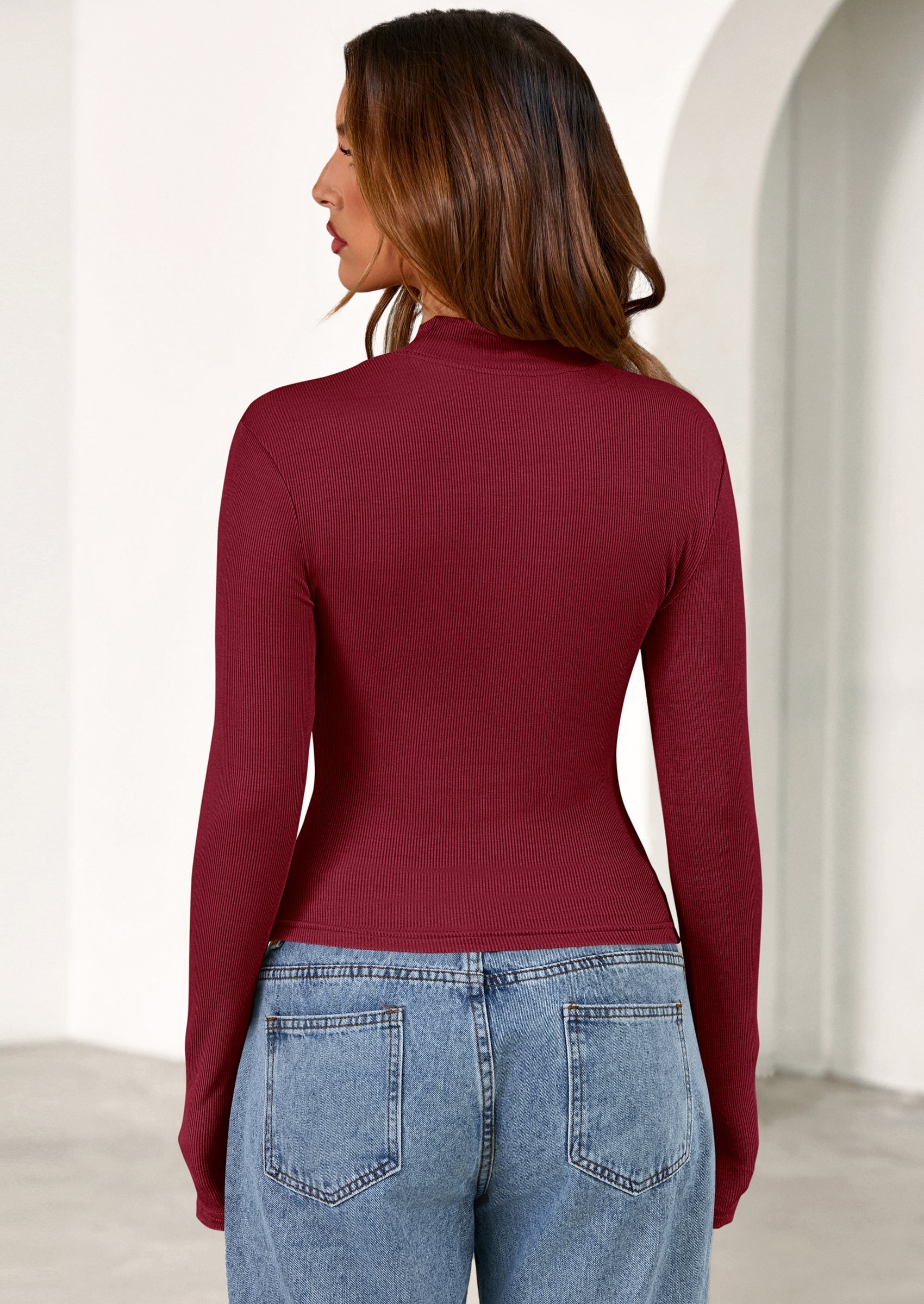 Women's Turtleneck Long Sleeve Shirts Fall Basic Tees Ribbed Fitted Tops Thermal Layering Knit Top Clothes