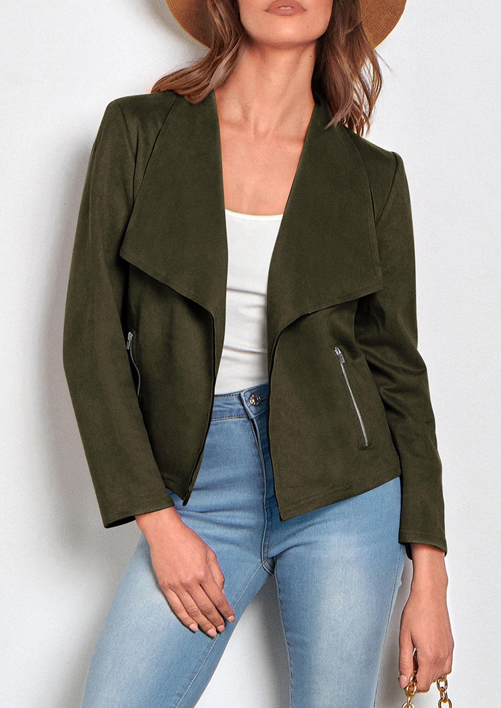 Women's Faux Suede Jackets Fashion Fall Clothes Long Sleeve Open Front Cropped Coat Outwear