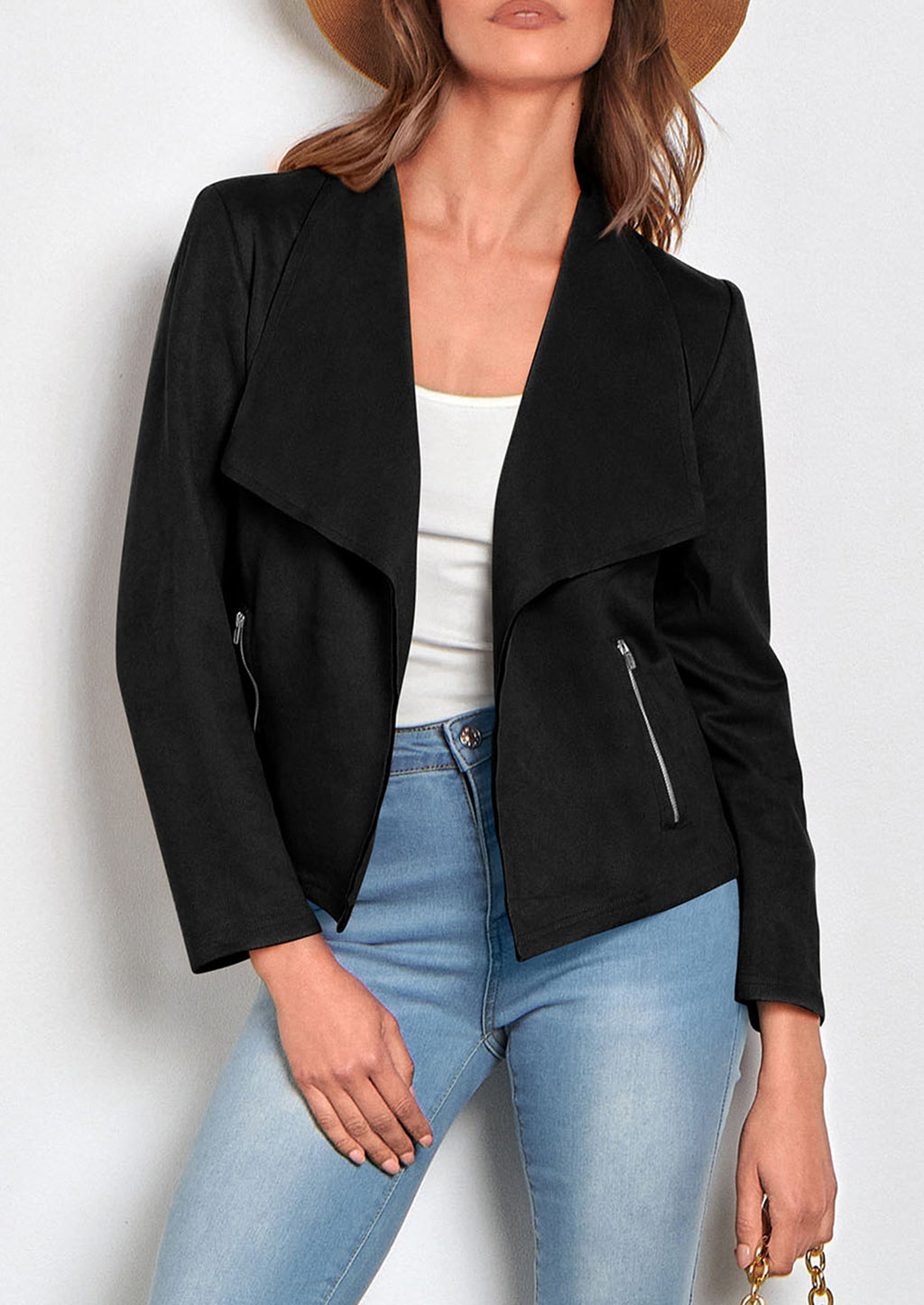 Women's Faux Suede Jackets Fashion Fall Clothes Long Sleeve Open Front Cropped Coat Outwear