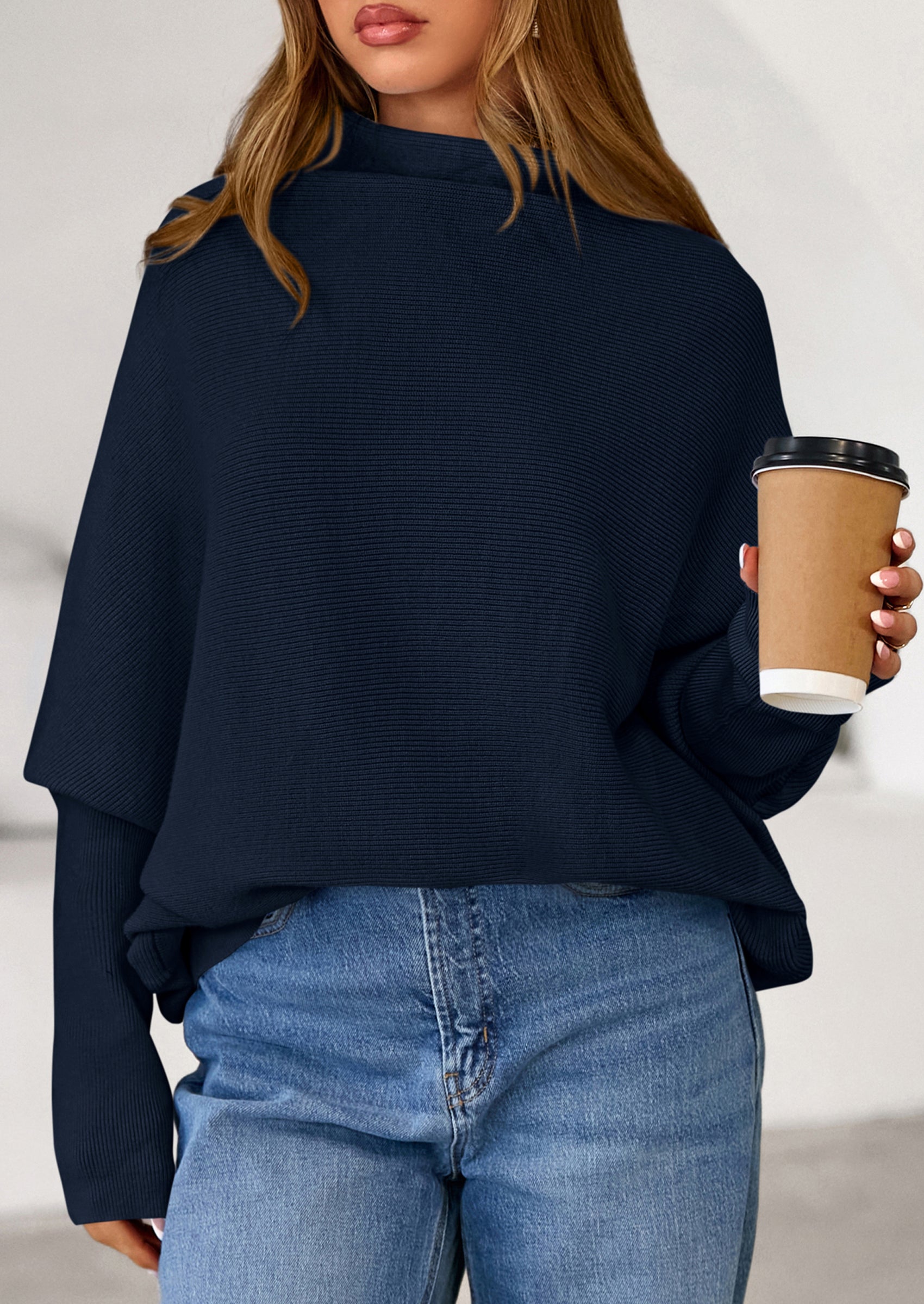 Womens Sweaters Fall Fashion Casual Loose Turtleneck Batwing Long Sleeve Knit Sweater Pullover Tops