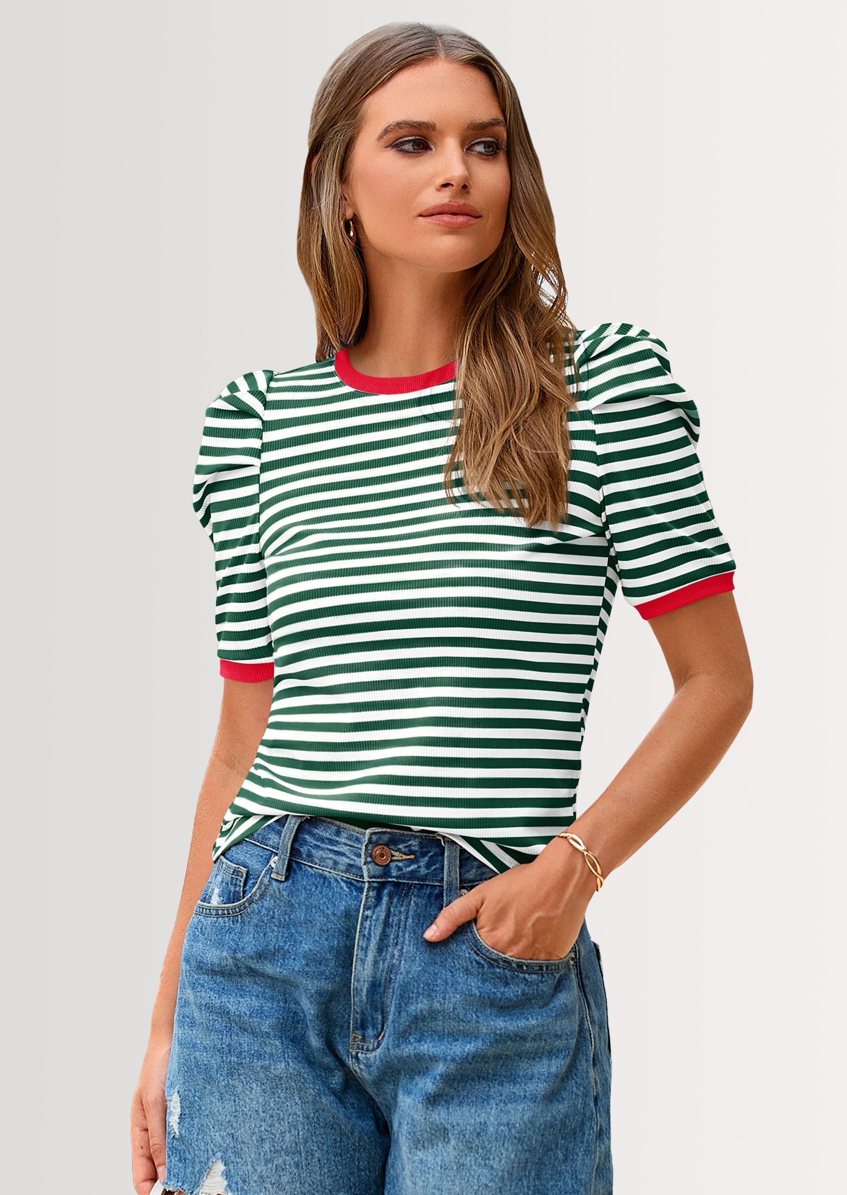 Women's Summer Puff Sleeve Tops Casual Ribbed Knit Crop Top Color Block Trendy Crewneck Striped Shirts