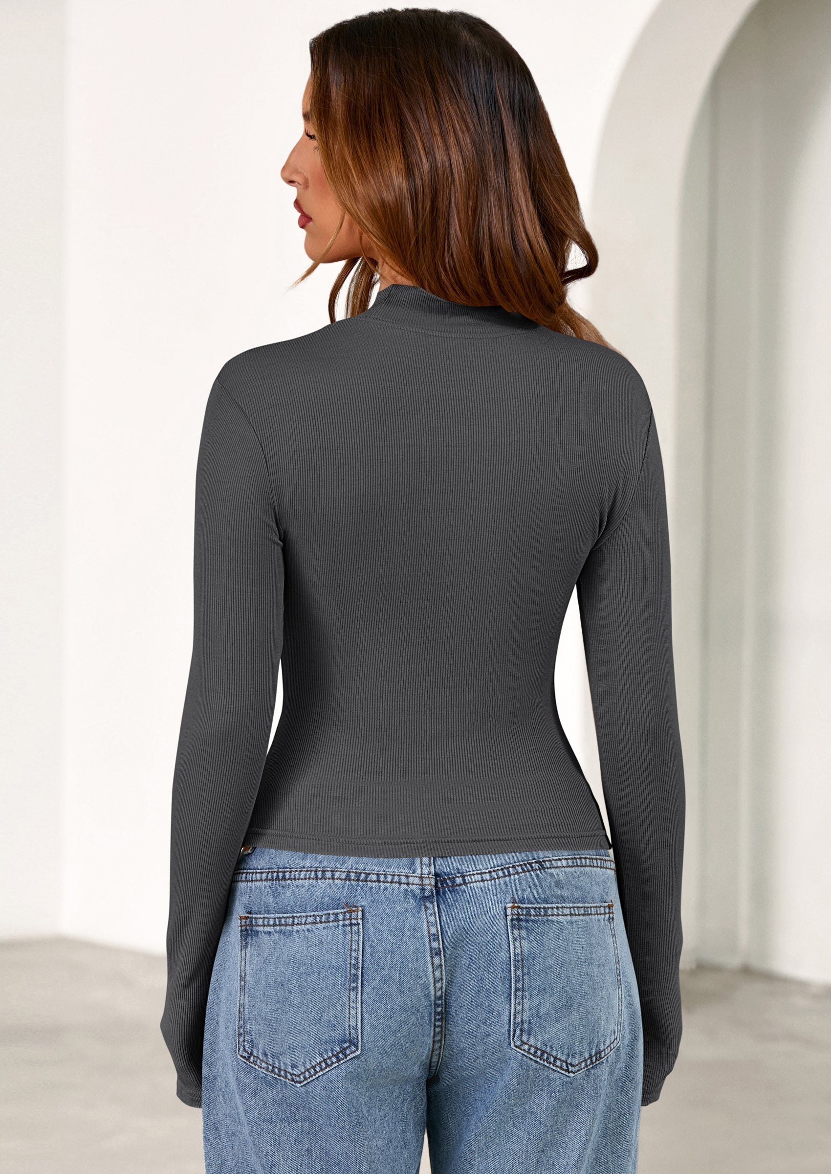 Women's Turtleneck Long Sleeve Shirts Fall Basic Tees Ribbed Fitted Tops Thermal Layering Knit Top Clothes