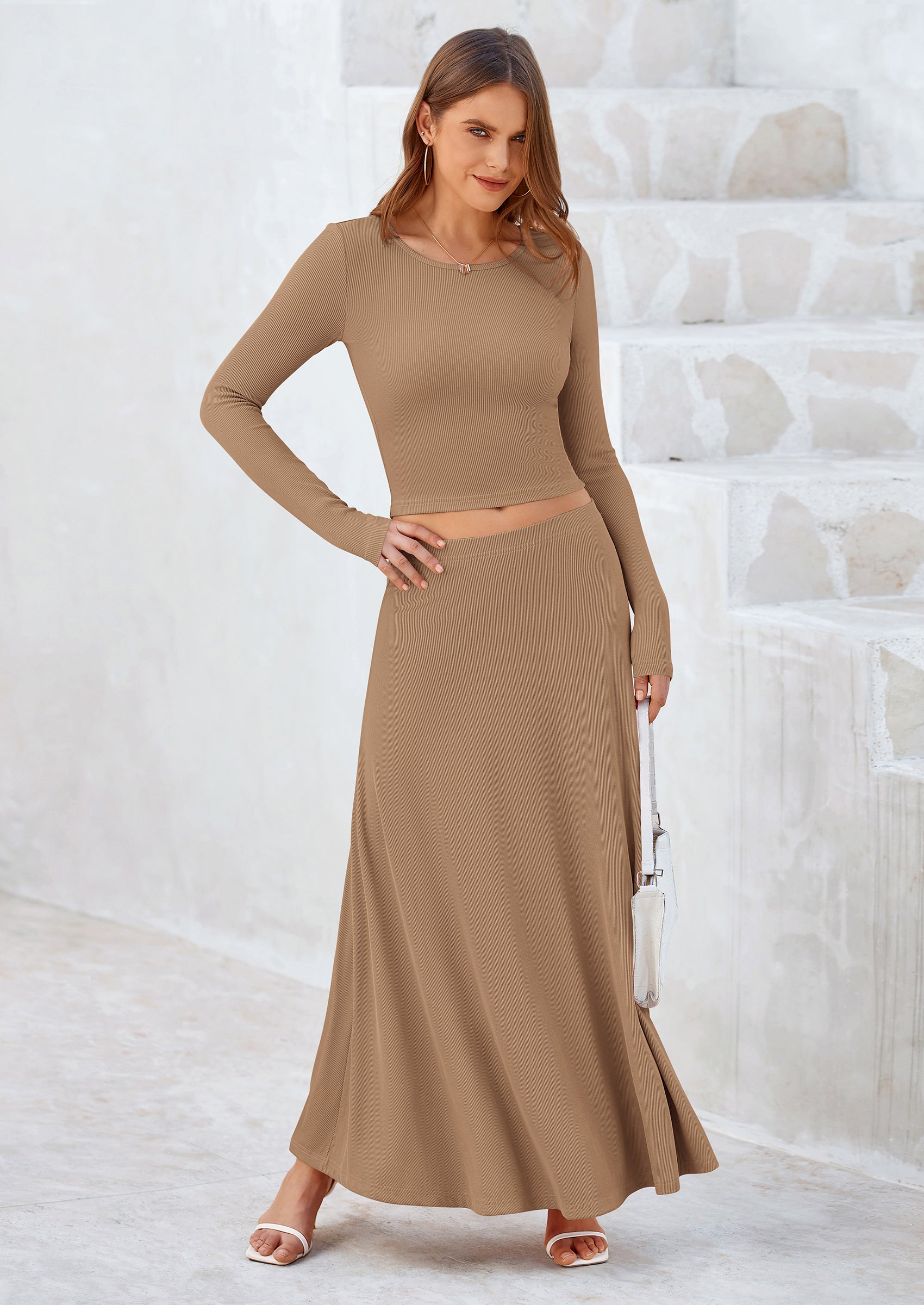 2 Piece Casual Ribbed Knit Long Sleeve Crop Tops Maxi Flowy Skirts Matching Sets