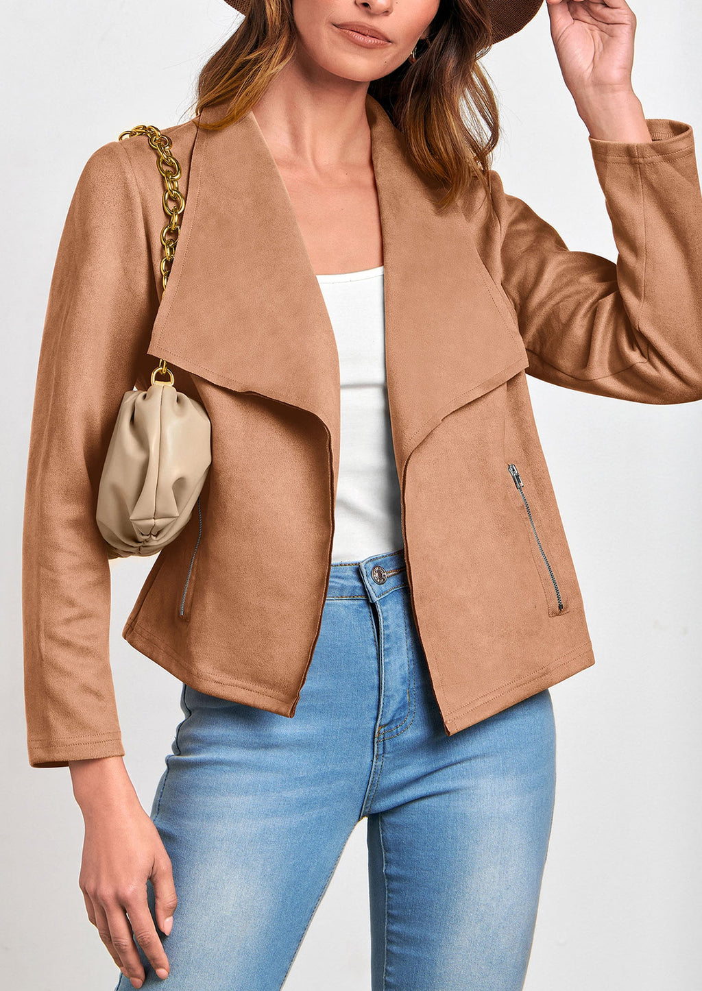 Women's Faux Suede Jackets Fashion Fall Clothes Long Sleeve Open Front Cropped Coat Outwear