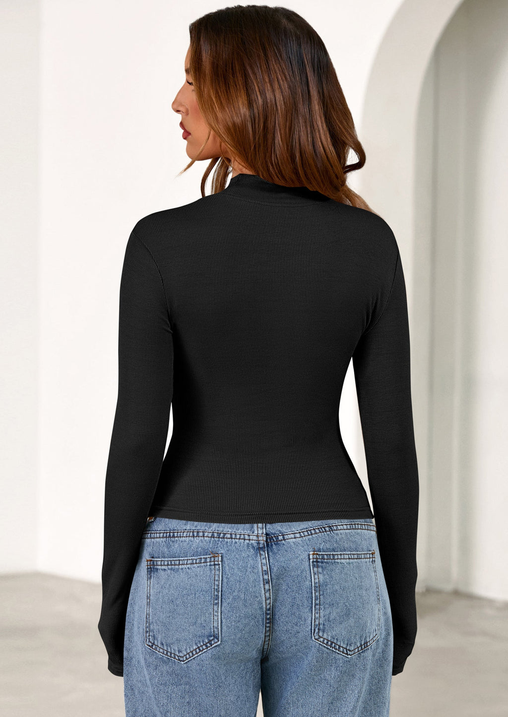 Women's Turtleneck Long Sleeve Shirts Fall Basic Tees Ribbed Fitted Tops Thermal Layering Knit Top Clothes