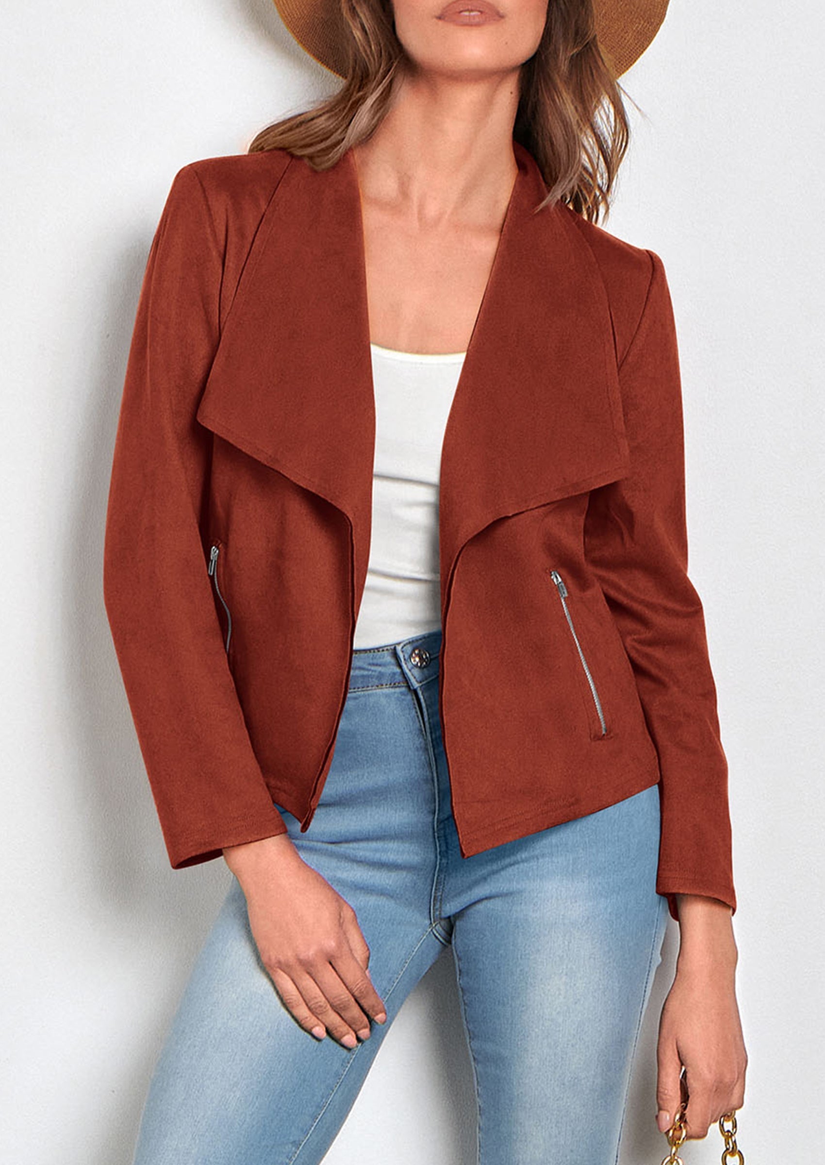 Women's Faux Suede Jackets Fashion Fall Clothes Long Sleeve Open Front Cropped Coat Outwear