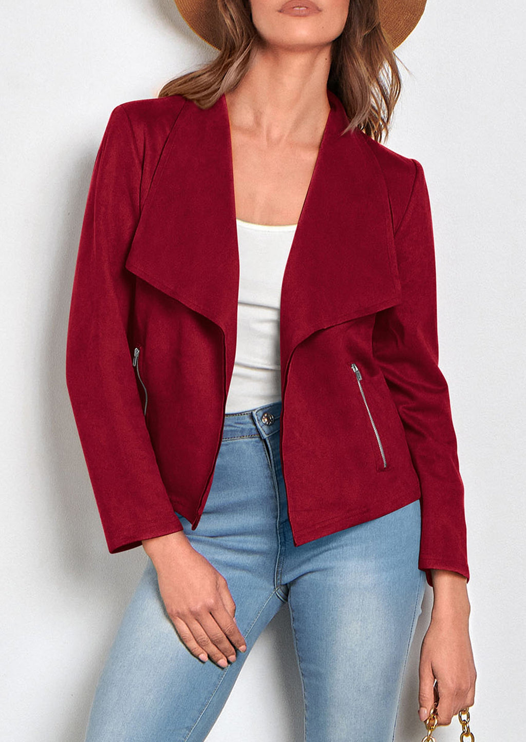 Women's Faux Suede Jackets Fashion Fall Clothes Long Sleeve Open Front Cropped Coat Outwear