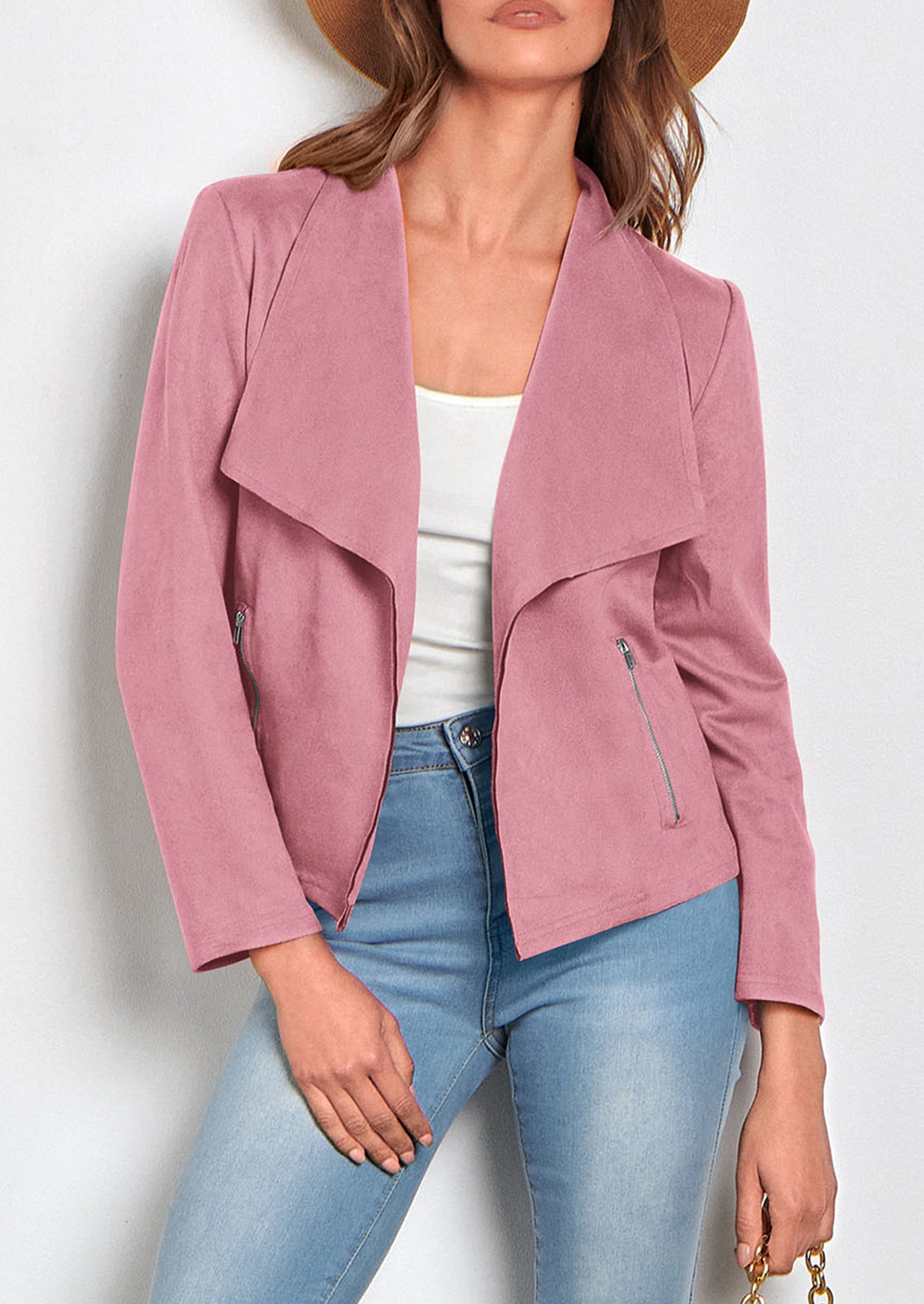 Women's Faux Suede Jackets Fashion Fall Clothes Long Sleeve Open Front Cropped Coat Outwear