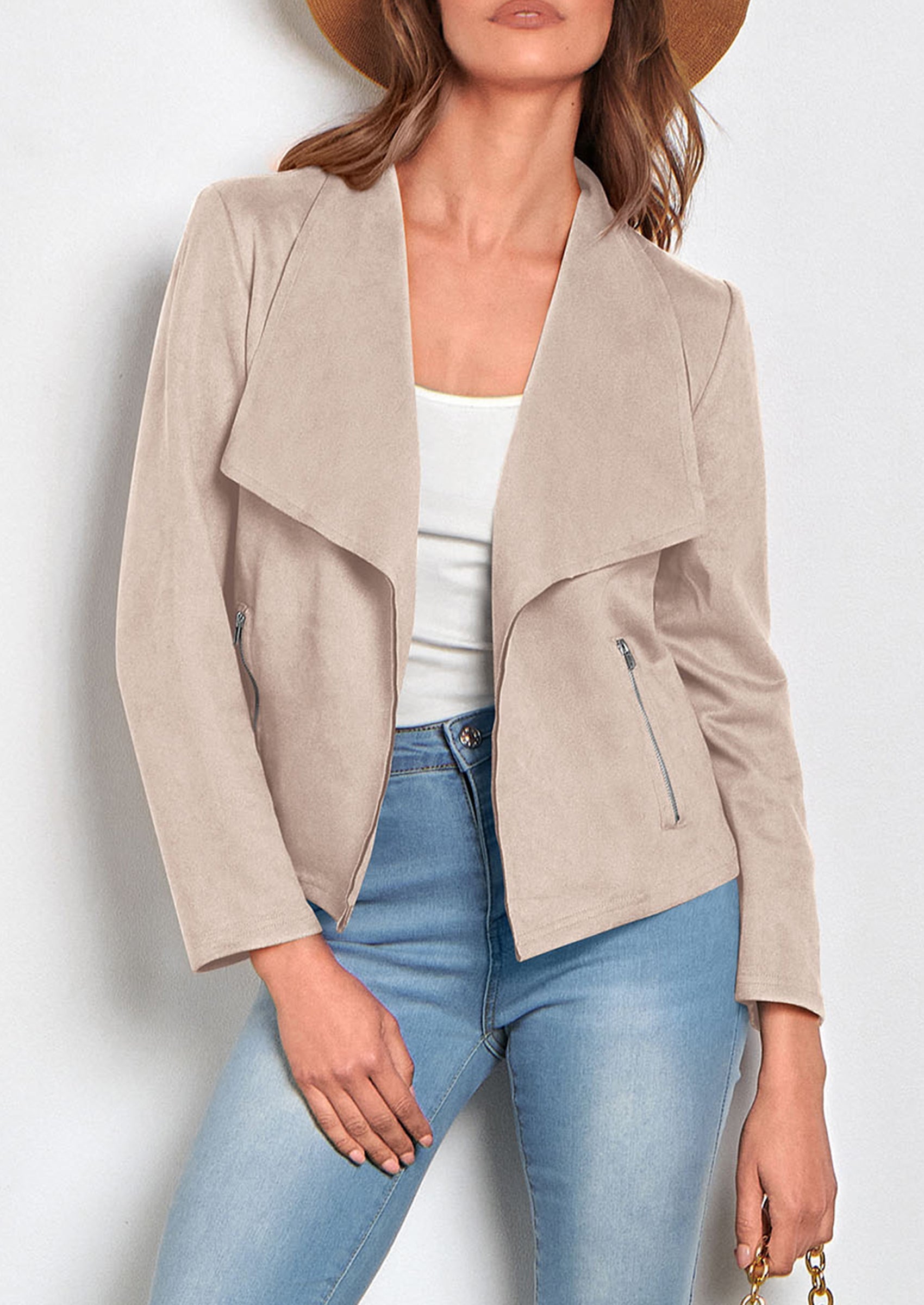 Women's Faux Suede Jackets Fashion Fall Clothes Long Sleeve Open Front Cropped Coat Outwear