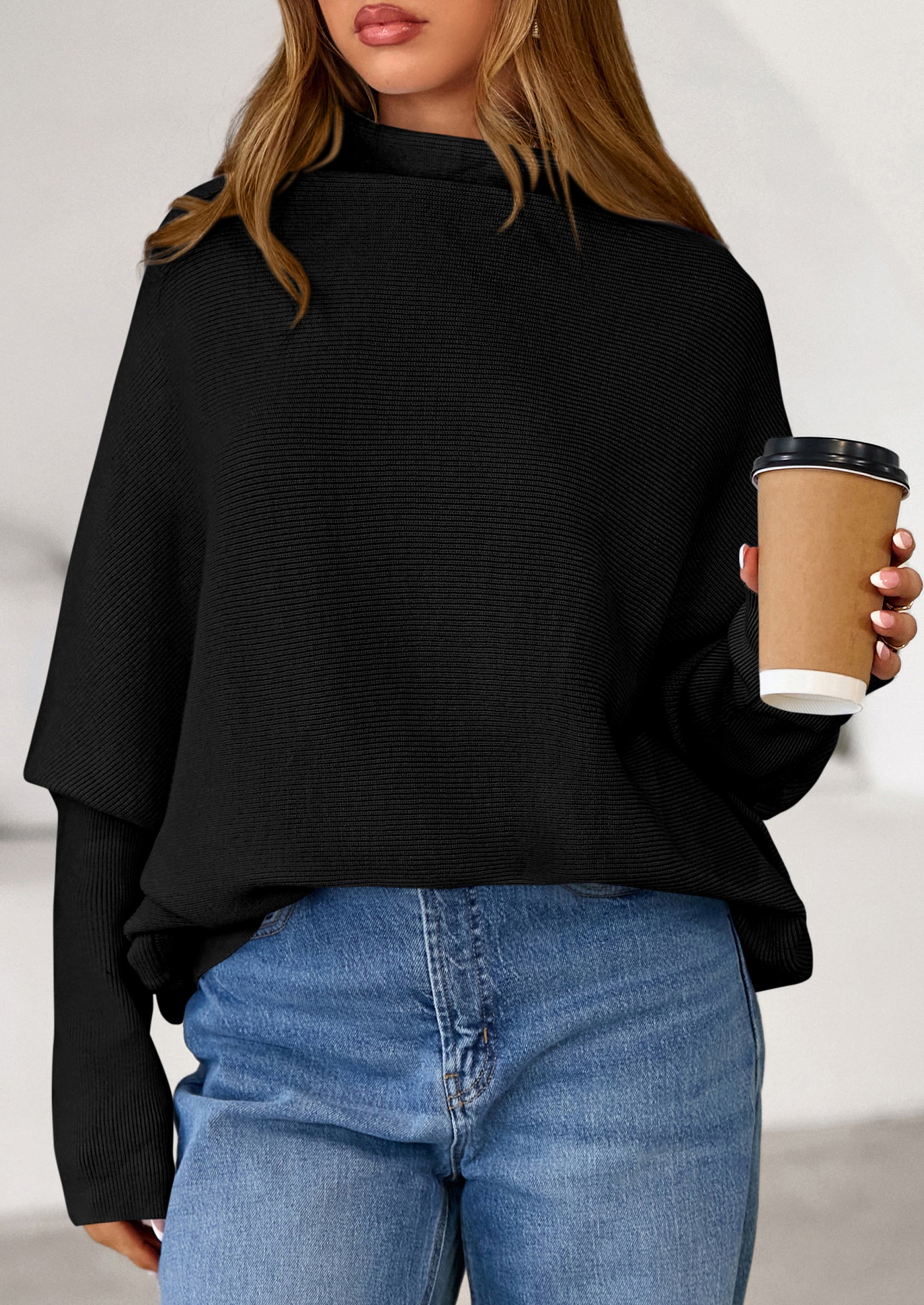 Womens Sweaters Fall Fashion Casual Loose Turtleneck Batwing Long Sleeve Knit Sweater Pullover Tops