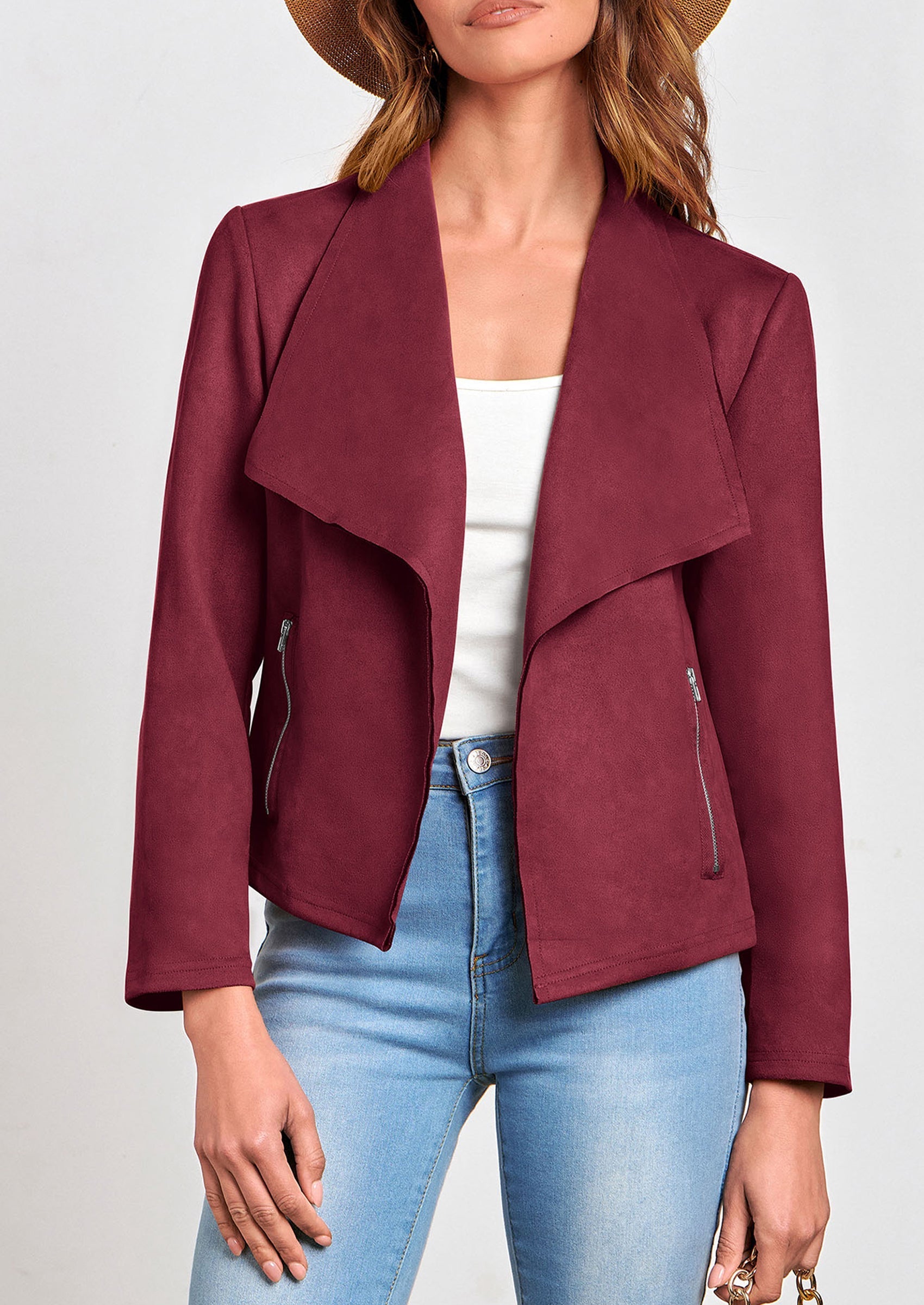 Women's Faux Suede Jackets Fashion Fall Clothes Long Sleeve Open Front Cropped Coat Outwear