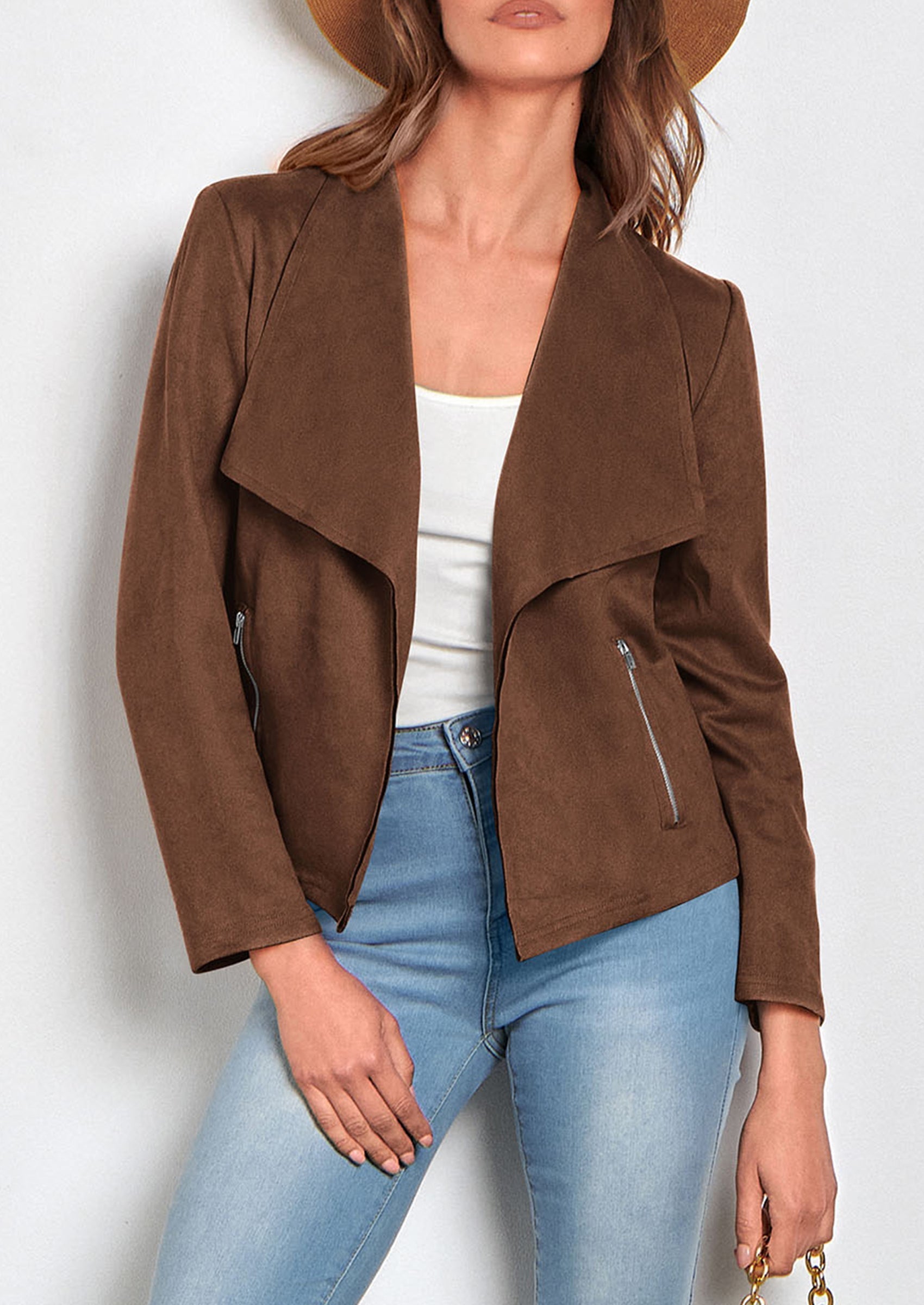 Women's Faux Suede Jackets Fashion Fall Clothes Long Sleeve Open Front Cropped Coat Outwear