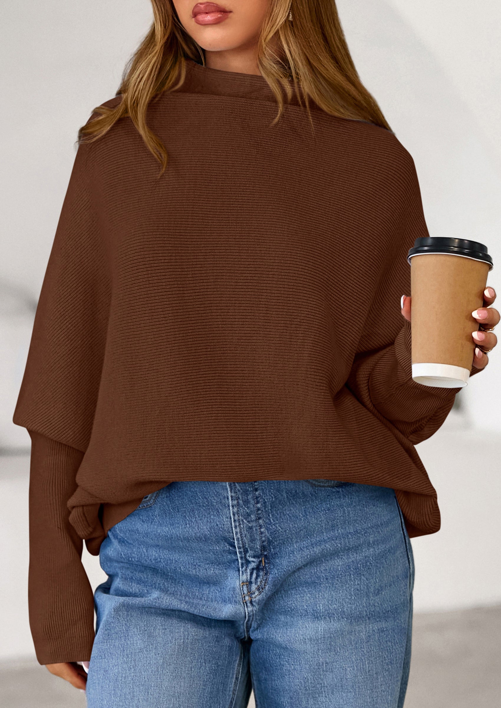 Womens Sweaters Fall Fashion Casual Loose Turtleneck Batwing Long Sleeve Knit Sweater Pullover Tops