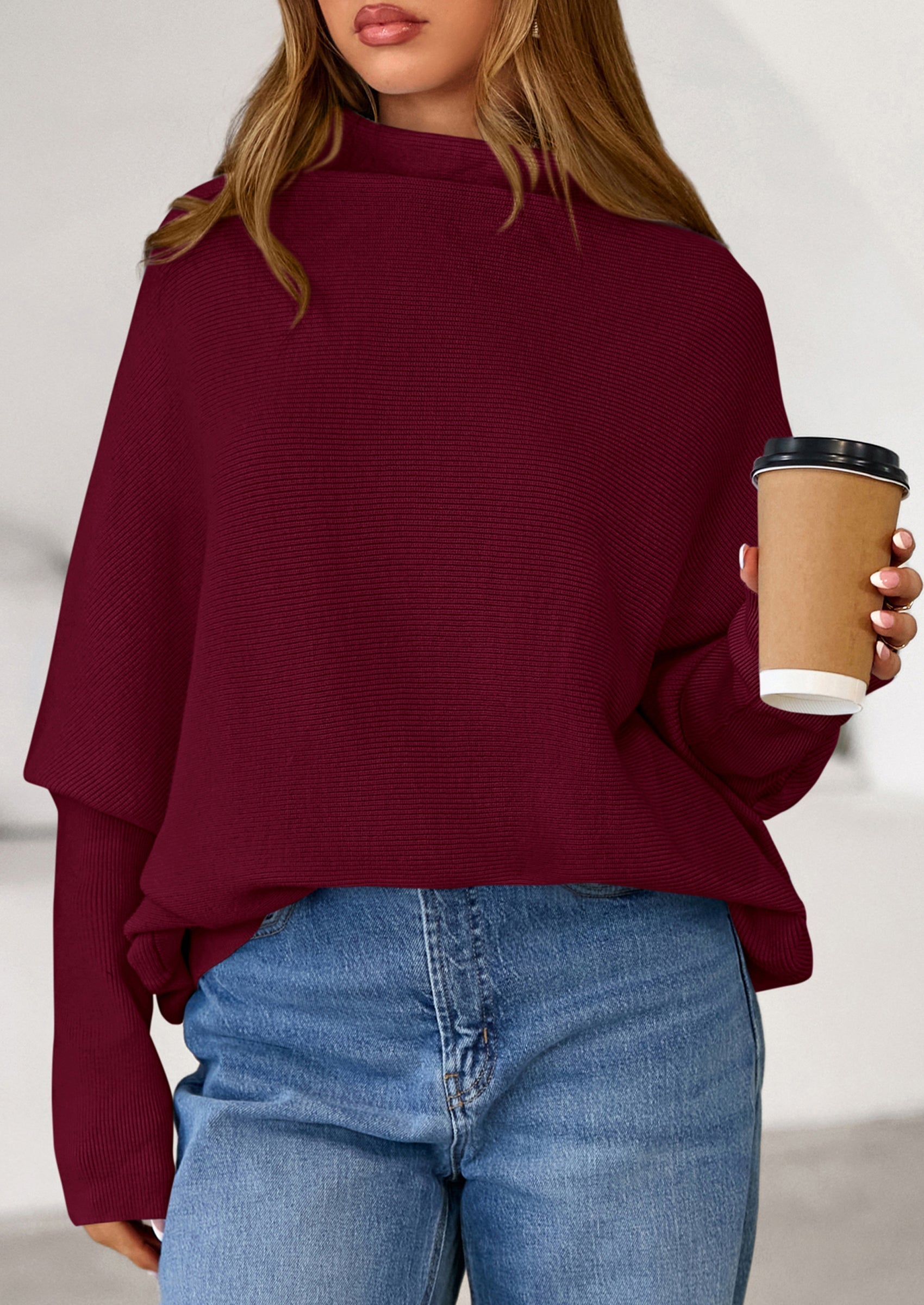 Womens Sweaters Fall Fashion Casual Loose Turtleneck Batwing Long Sleeve Knit Sweater Pullover Tops