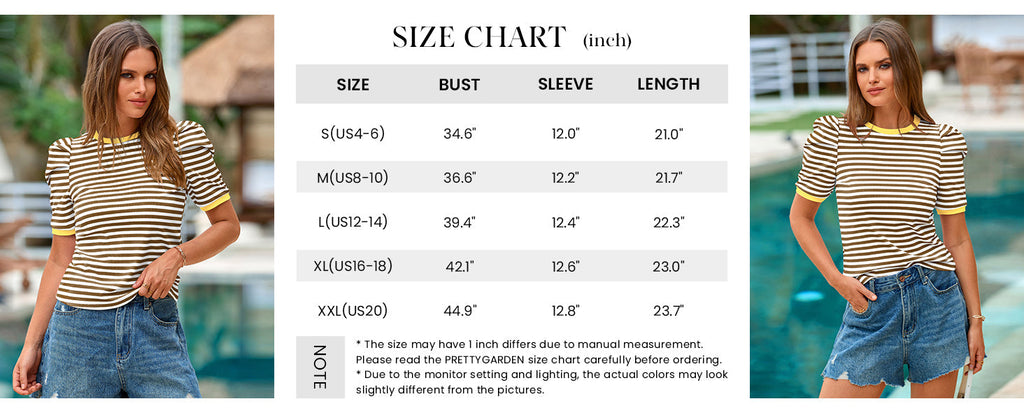 Women's Summer Puff Sleeve Tops Casual Ribbed Knit Crop Top Color Block Trendy Crewneck Striped Shirts