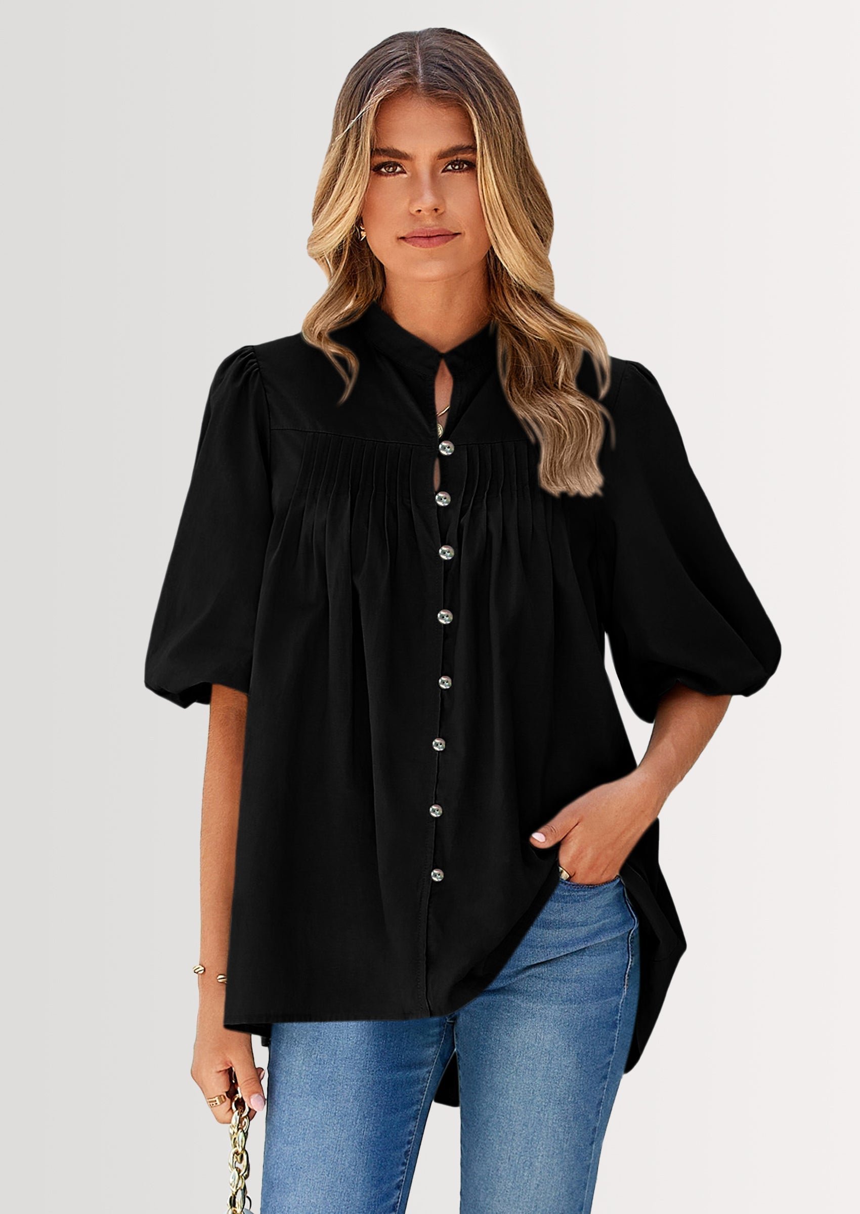 Women's Summer Short Lantern Sleeve Tops Loose Fit Button Down Shirt Casual Pleated V Neck Blouses