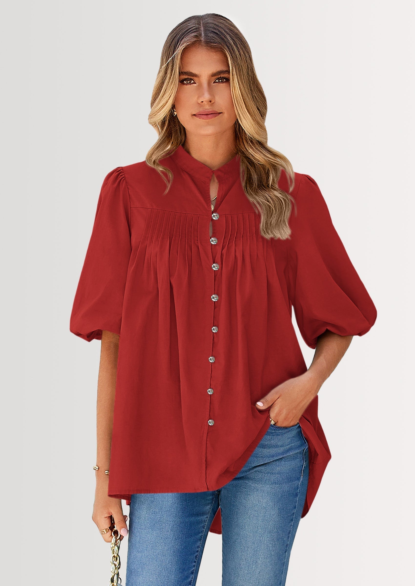 Women's Summer Short Lantern Sleeve Tops Loose Fit Button Down Shirt Casual Pleated V Neck Blouses