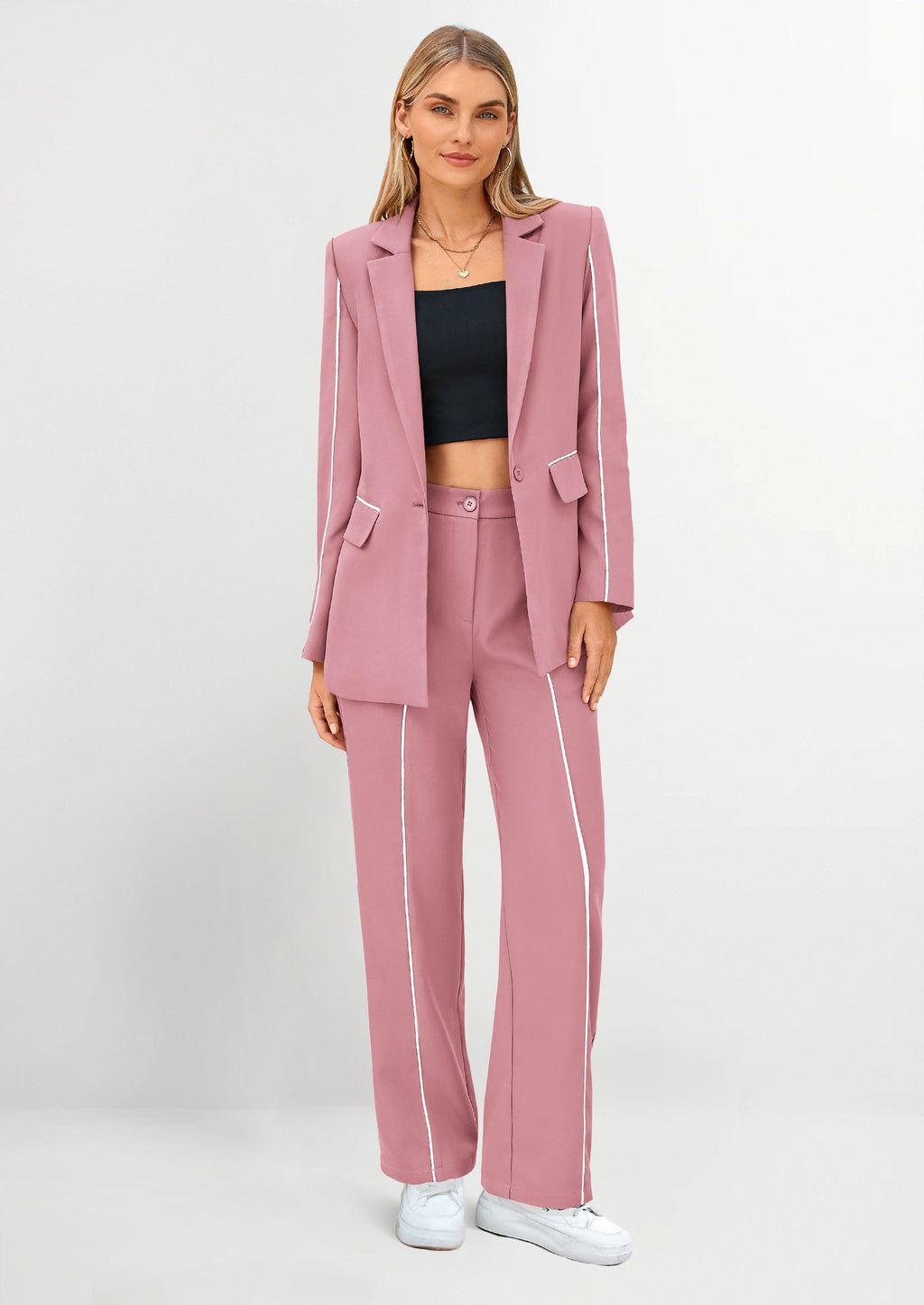 2 Piece Blazer Outfits Business Casual Oversized Jacket Wide Leg Work Pants Dressy Suit Set