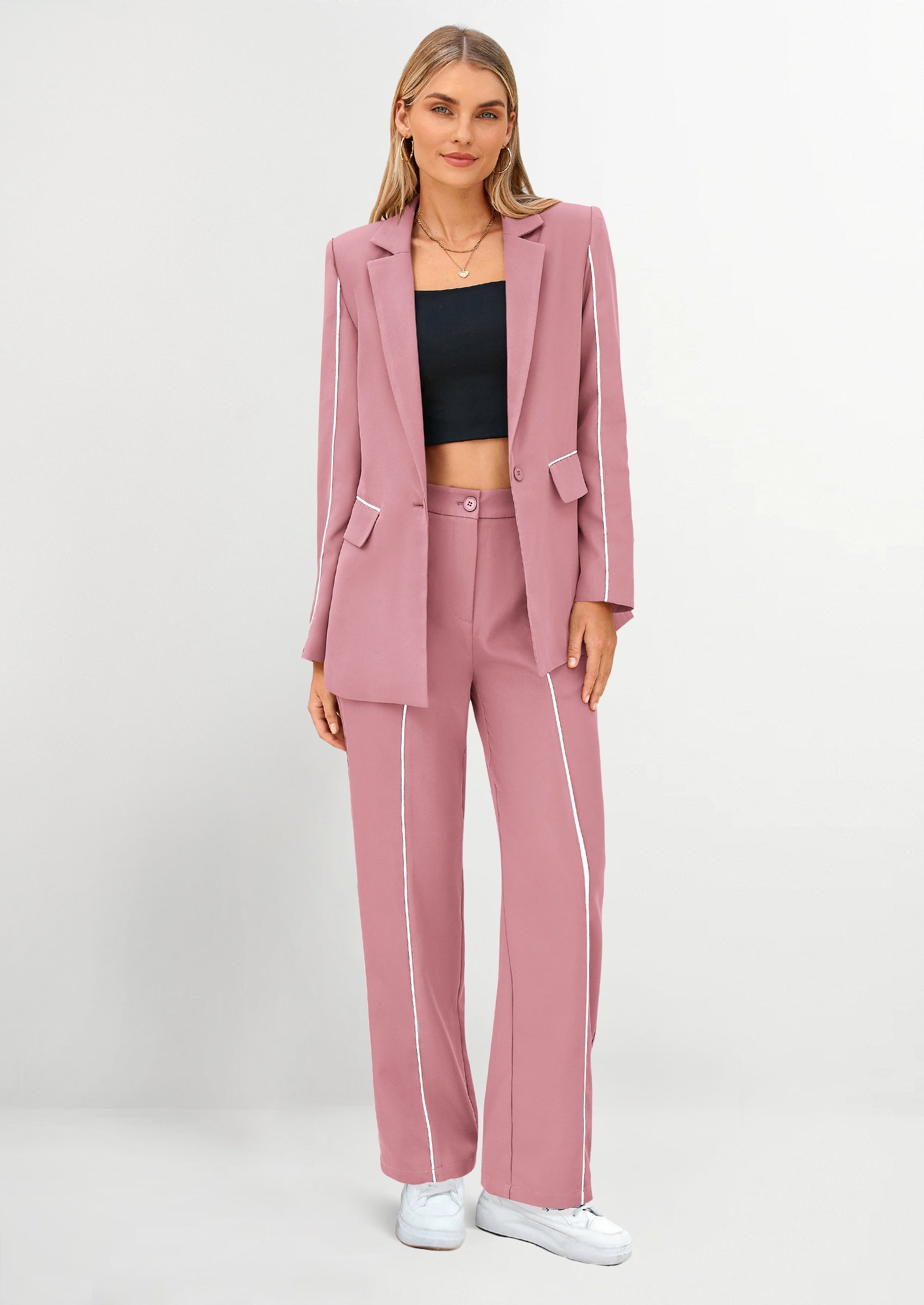 2 Piece Blazer Outfits Business Casual Oversized Jacket Wide Leg Work Pants Dressy Suit Set