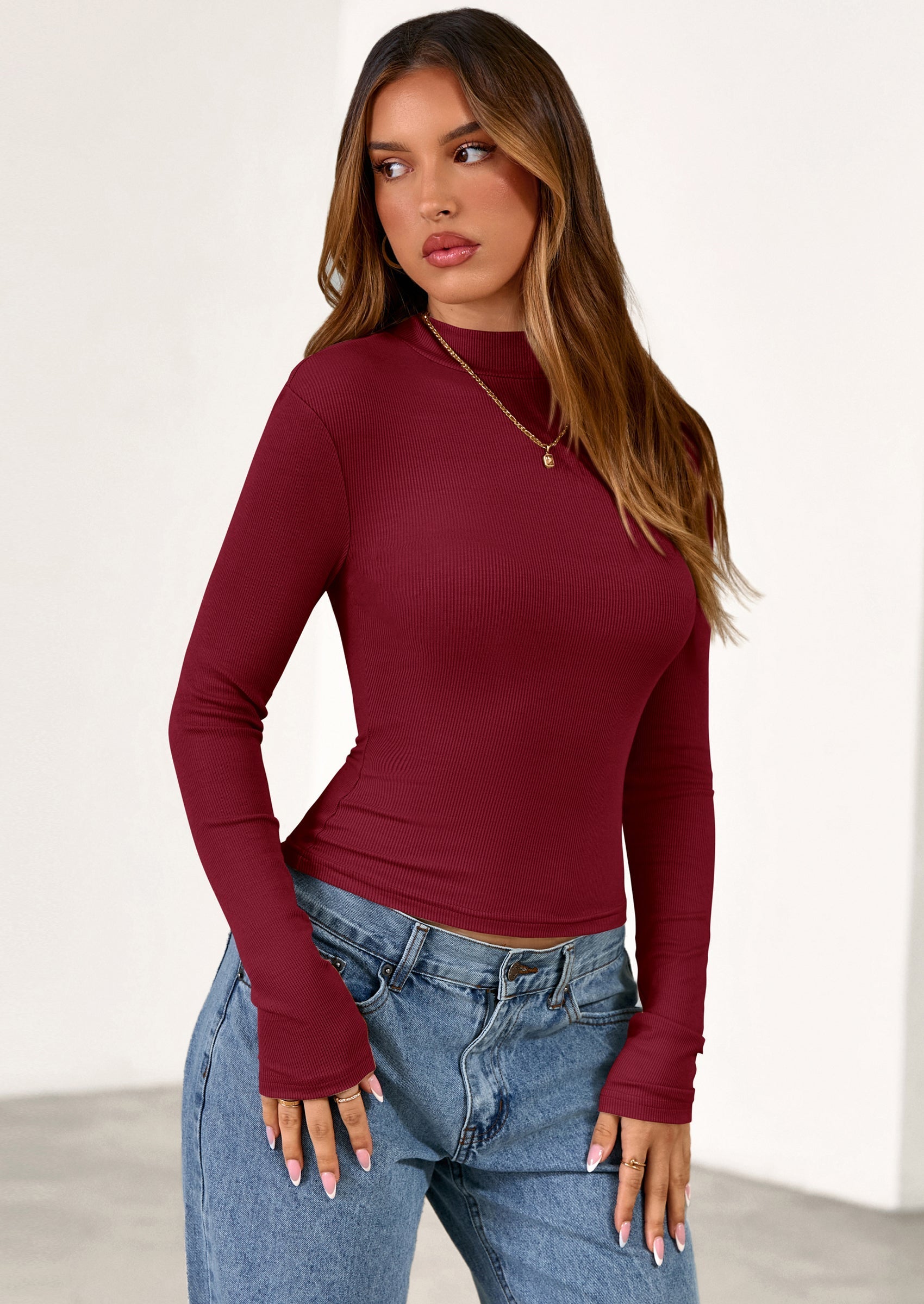 Women's Turtleneck Long Sleeve Shirts Fall Basic Tees Ribbed Fitted Tops Thermal Layering Knit Top Clothes