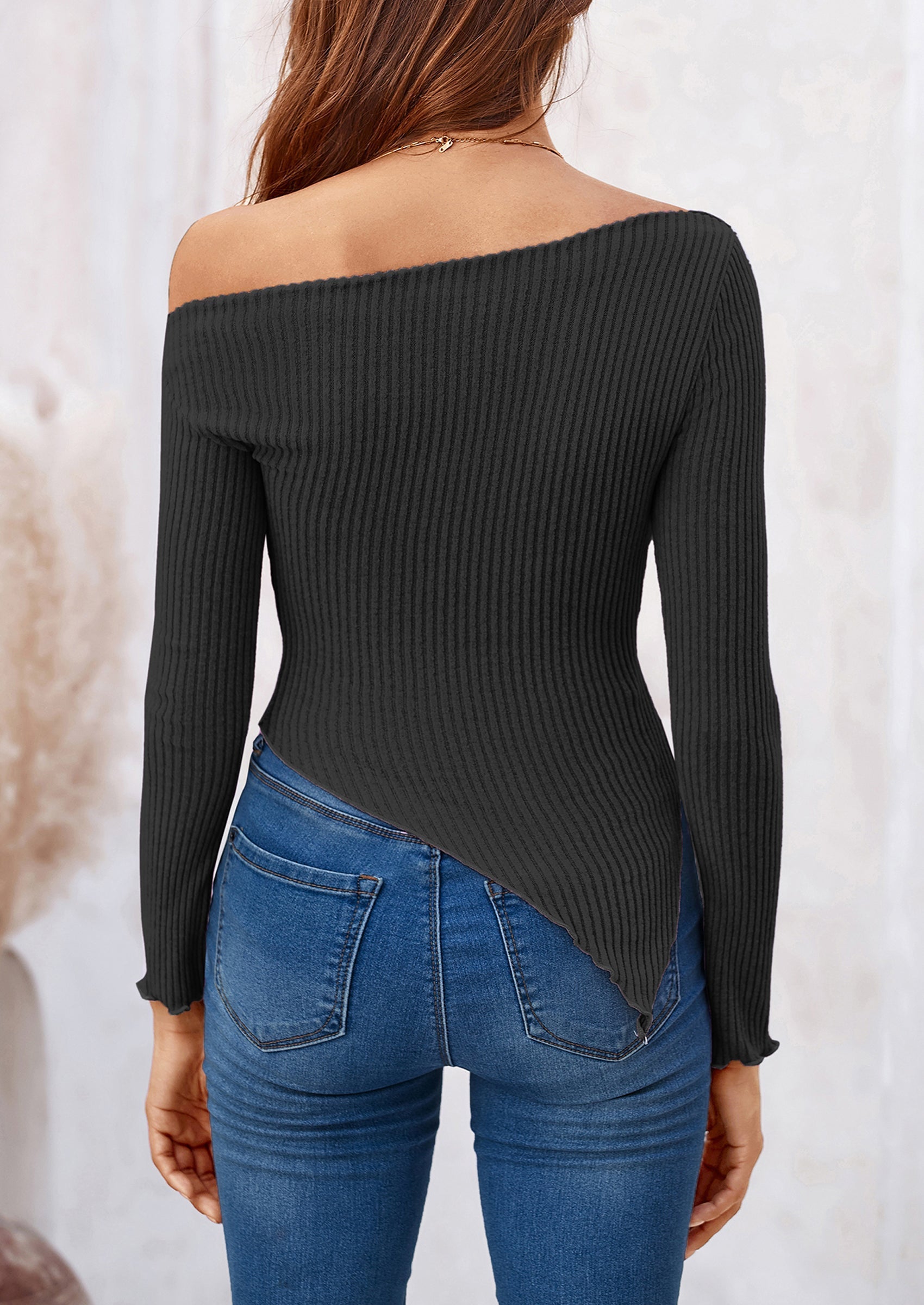 Women's Spring Long Sleeve Y2K Crop Top Trendy Off Shoulder Asymmetrical Fitted Knit Tee Shirts Going Out Tops