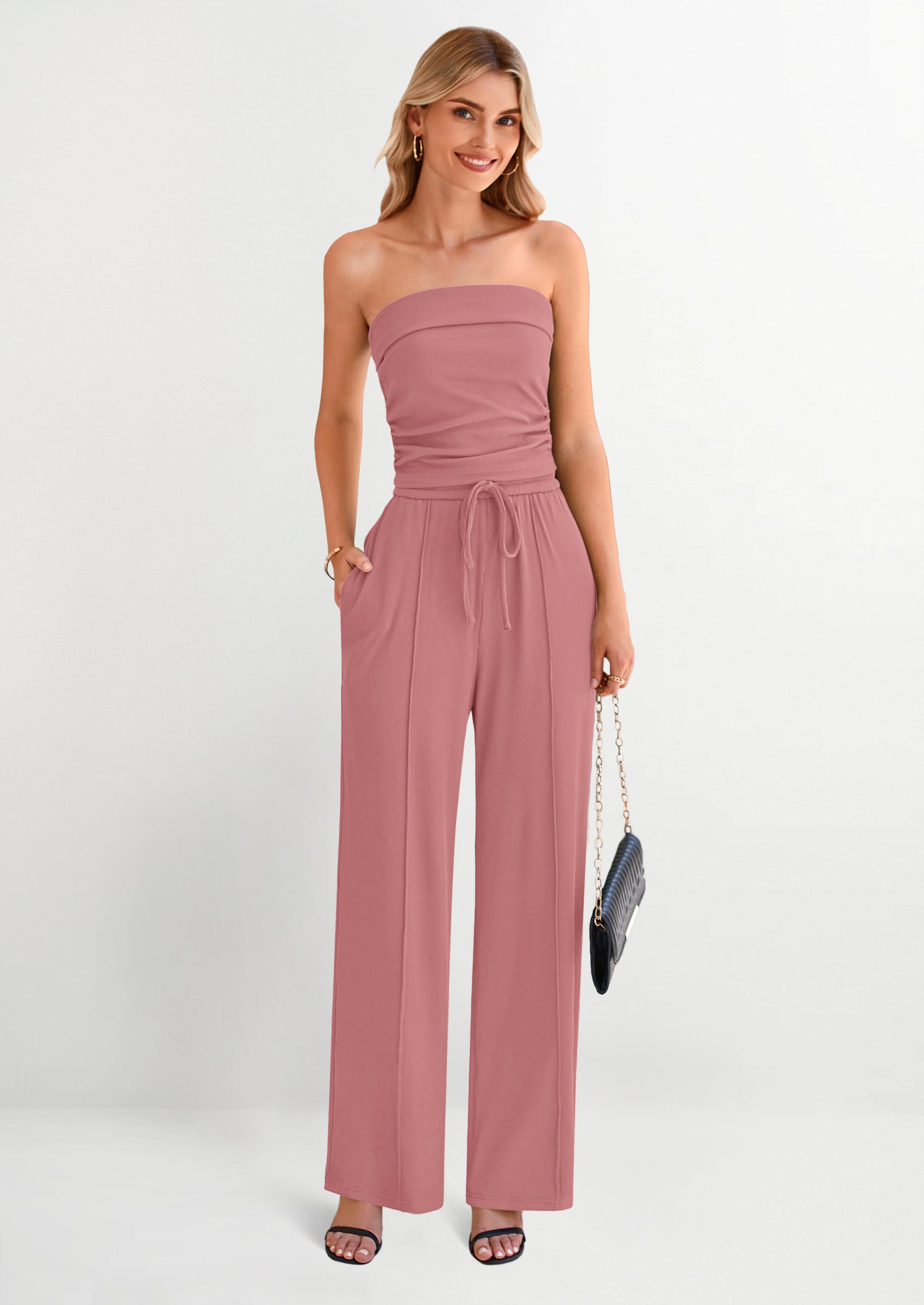 2 Piece Sets Casual Ribbed Knit Crop Tube Top Wide Leg Pants Lounge Set