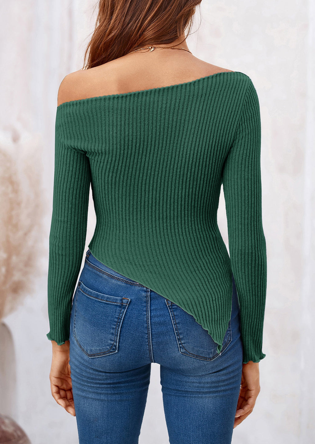 Women's Spring Long Sleeve Y2K Crop Top Trendy Off Shoulder Asymmetrical Fitted Knit Tee Shirts Going Out Tops