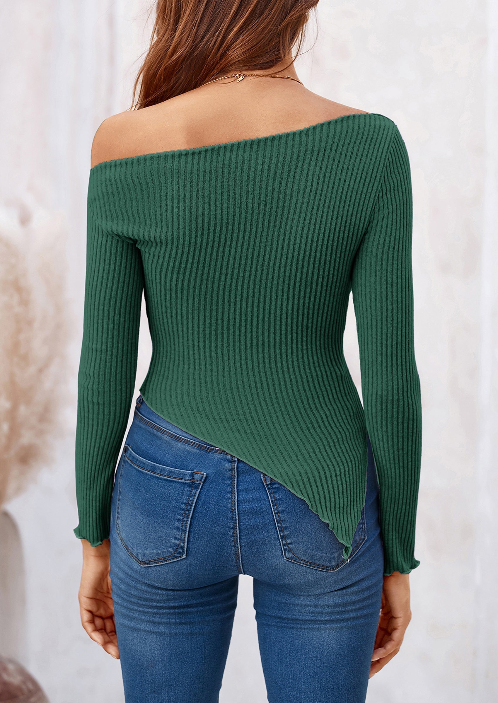 Women's Spring Long Sleeve Y2K Crop Top Trendy Off Shoulder Asymmetrical Fitted Knit Tee Shirts Going Out Tops