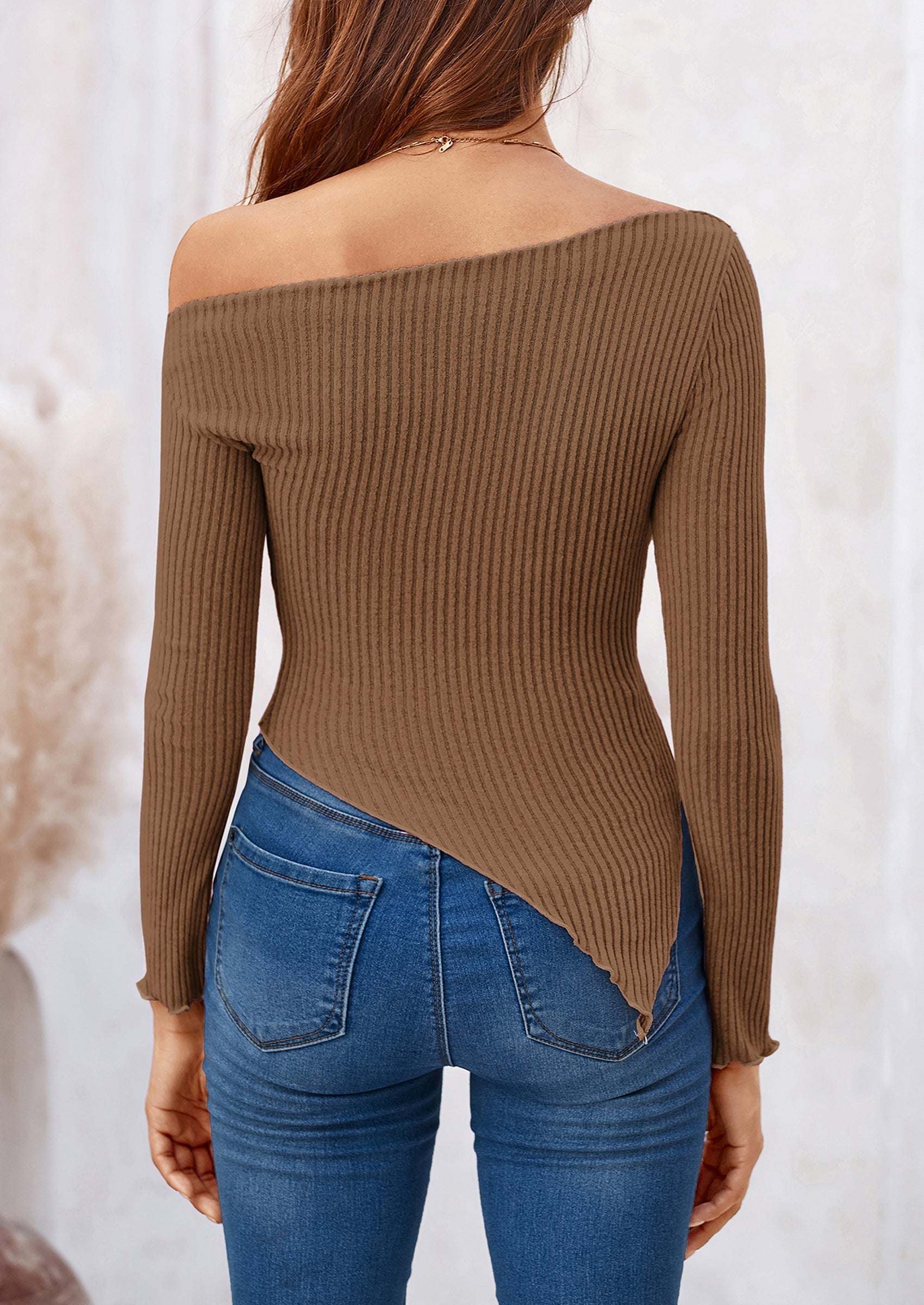 Women's Spring Long Sleeve Y2K Crop Top Trendy Off Shoulder Asymmetrical Fitted Knit Tee Shirts Going Out Tops