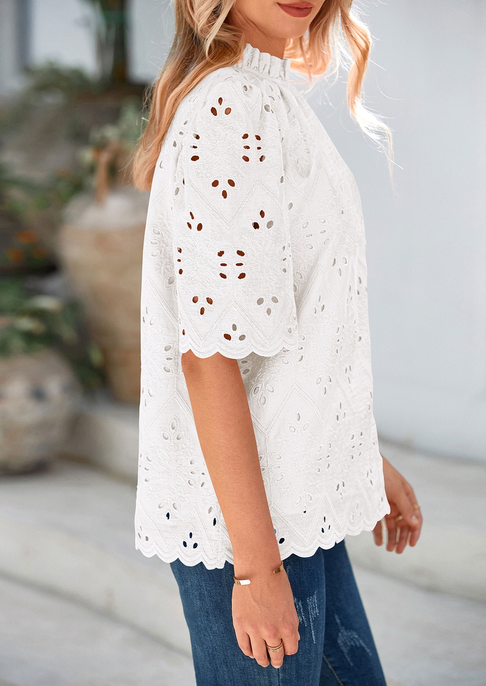 Womens Summer Tops Trendy Short Sleeve Eyelet Embroidered Dressy Casual Blouse Shirts