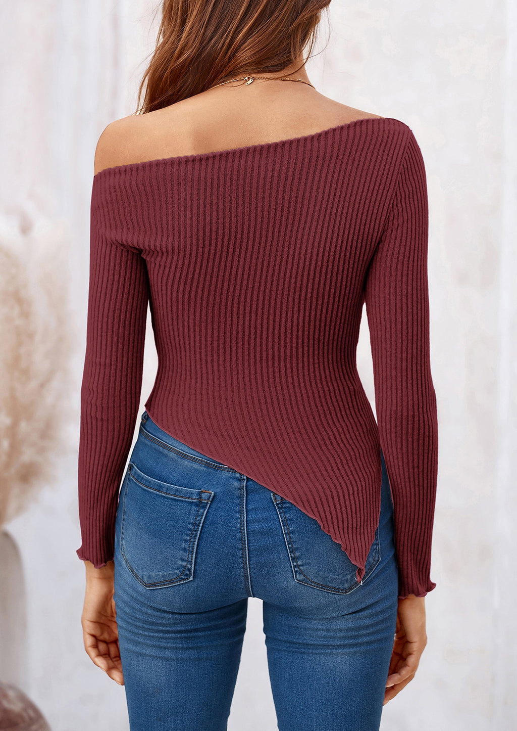 Women's Spring Long Sleeve Y2K Crop Top Trendy Off Shoulder Asymmetrical Fitted Knit Tee Shirts Going Out Tops