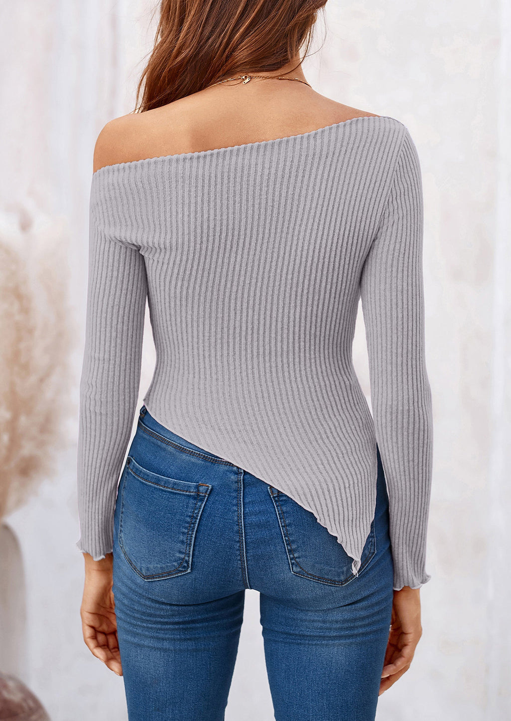 Women's Spring Long Sleeve Y2K Crop Top Trendy Off Shoulder Asymmetrical Fitted Knit Tee Shirts Going Out Tops