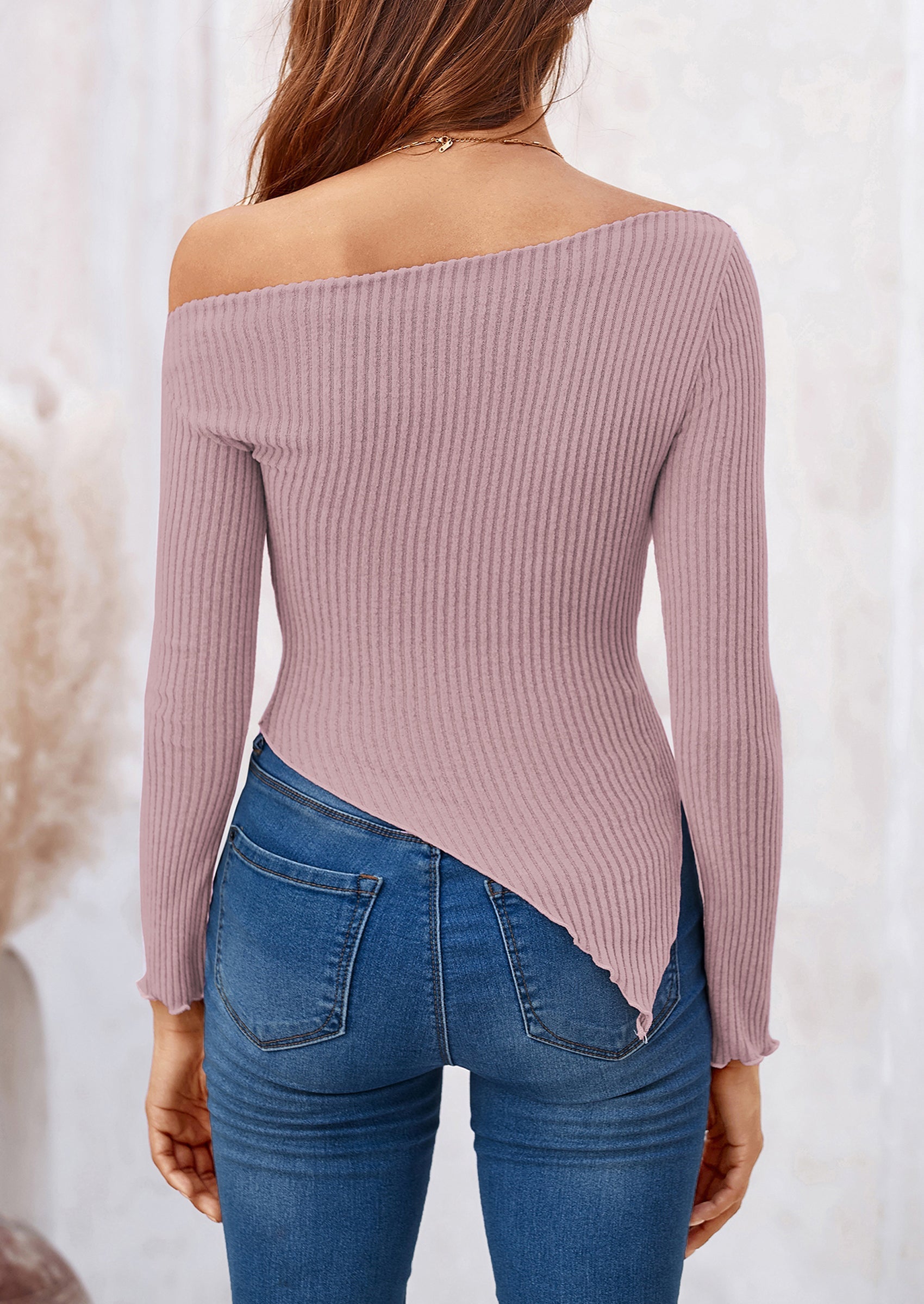 Women's Spring Long Sleeve Y2K Crop Top Trendy Off Shoulder Asymmetrical Fitted Knit Tee Shirts Going Out Tops